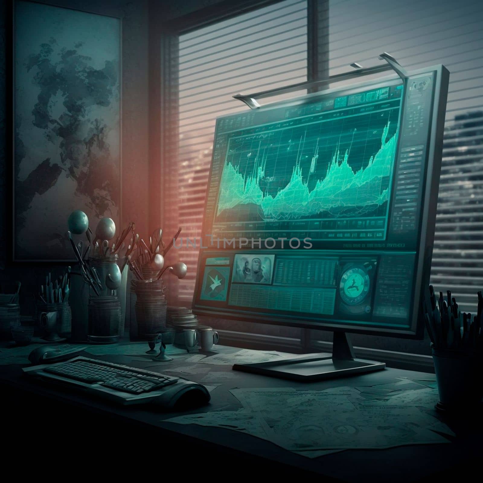 computer and screens with graphs in the office in retro style, graph analysis and world map. High quality illustration