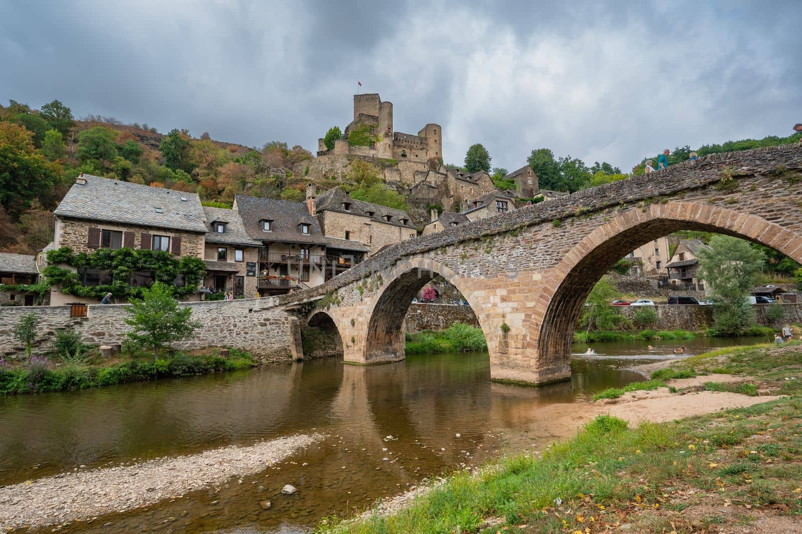 Belcastel medieval castle and town in the south of France, Aveyron Occitania, view of the antique medieval stone buildings, High quality photo