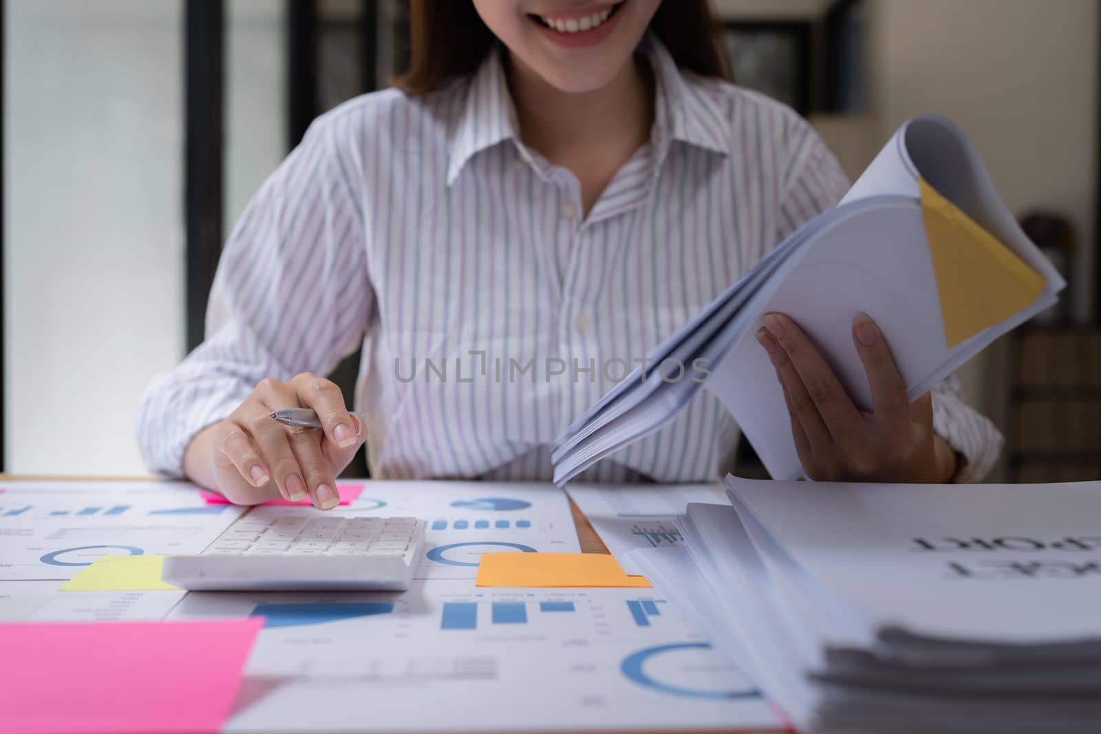 Business Documents, Auditor businesswoman searching document legal prepare paperwork and report for analysis TAX time, accountant Documents data contract partner deal in workplace by itchaznong