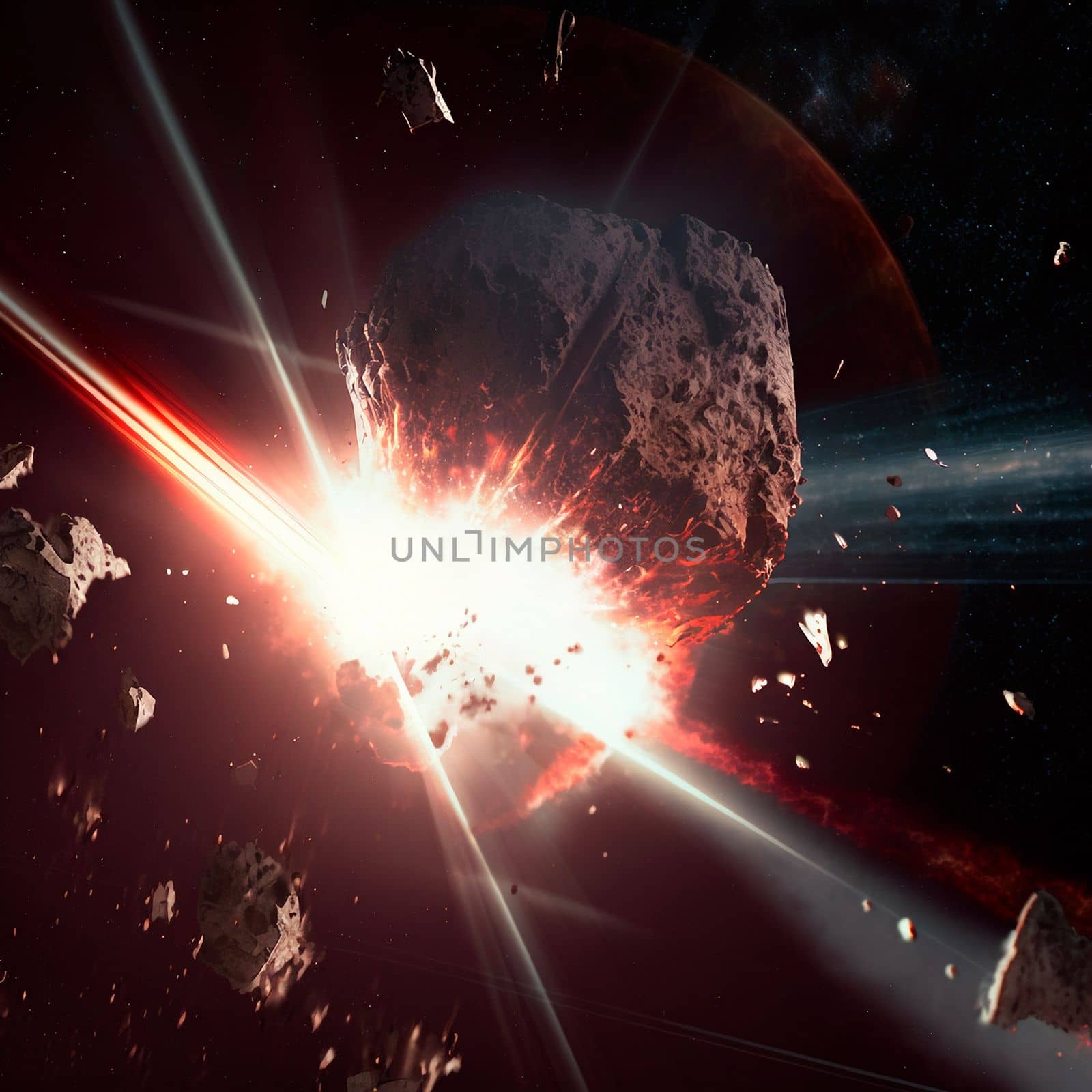 Meteor strike. Explosion in space. High quality illustration