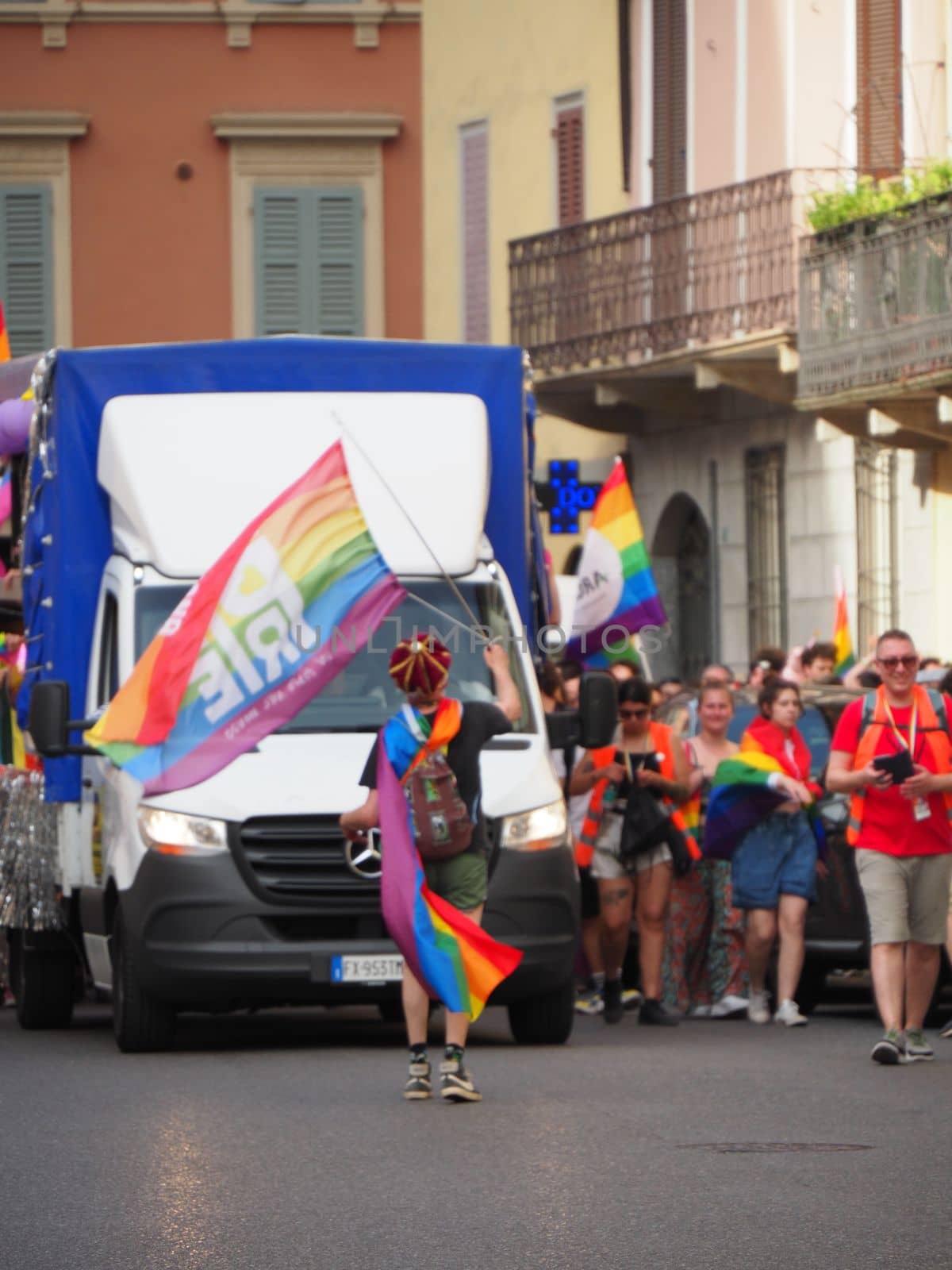 Cremona Pride, a rainbow city. The streets crowded with people celebrating on the day dedicated to claiming the rights of the LGBTQIA community.