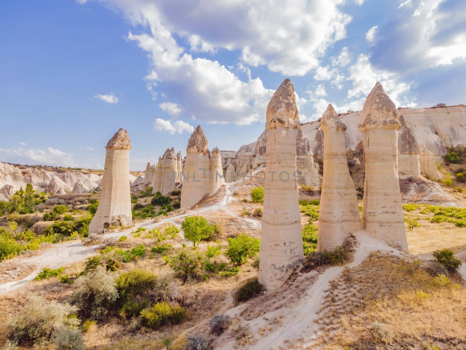 Unique geological formations in Love Valley in Cappadocia, popular travel destination in Turkey by galitskaya