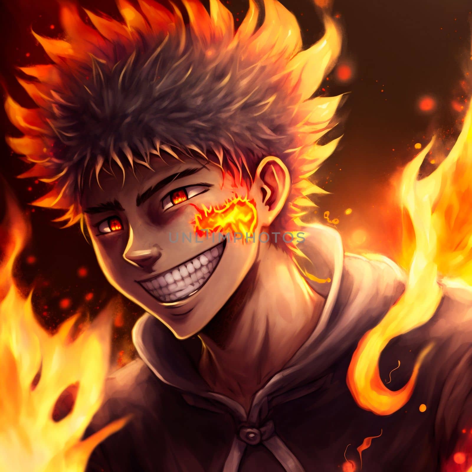 A sinister man engulfed in flames. High quality illustration