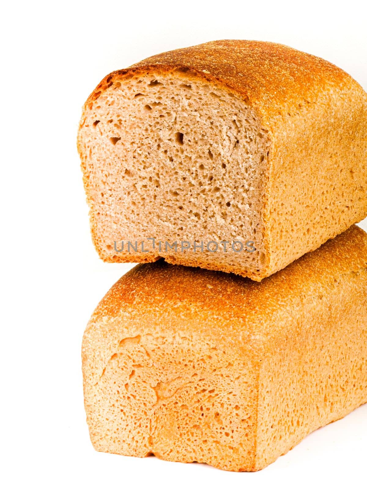 Isolated object on white background. Healthy baked bread, whole bread on white background.