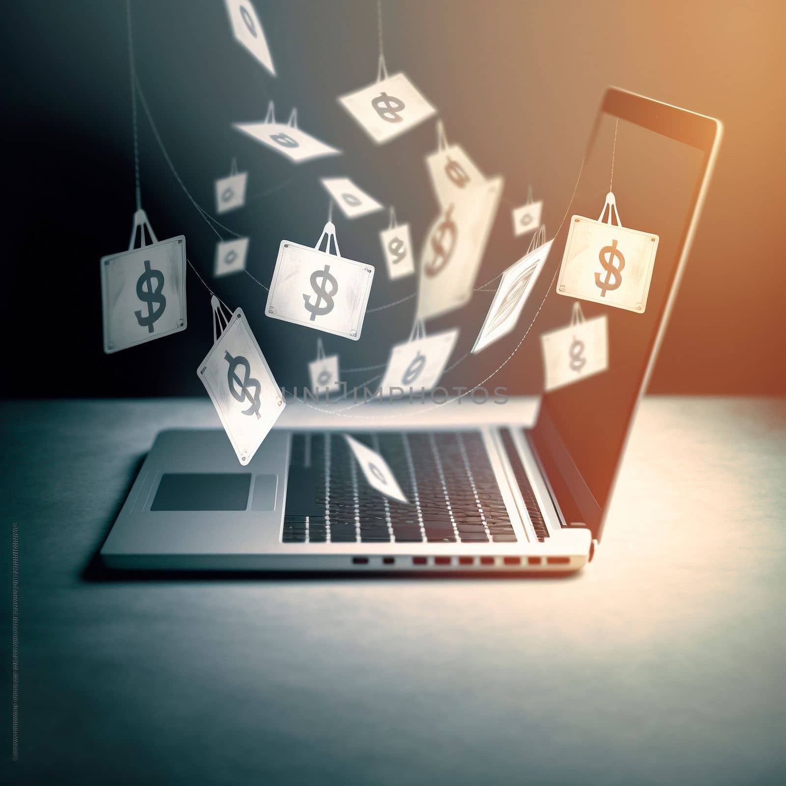 laptop on the table, monitor in the air, graphics of dollars in the air in front of the laptop ,business. High quality illustration