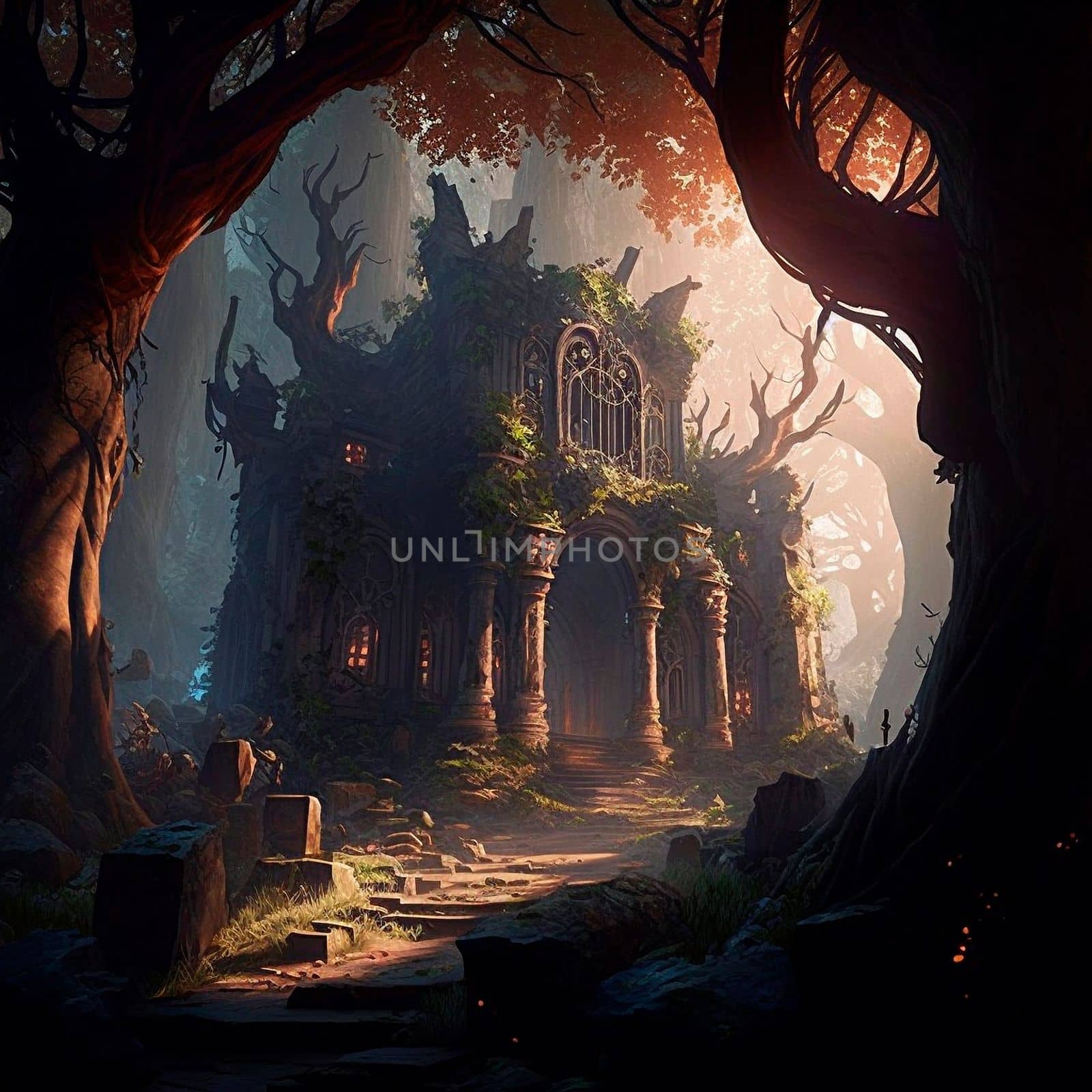 mysterious ruins in the forest. High quality illustration
