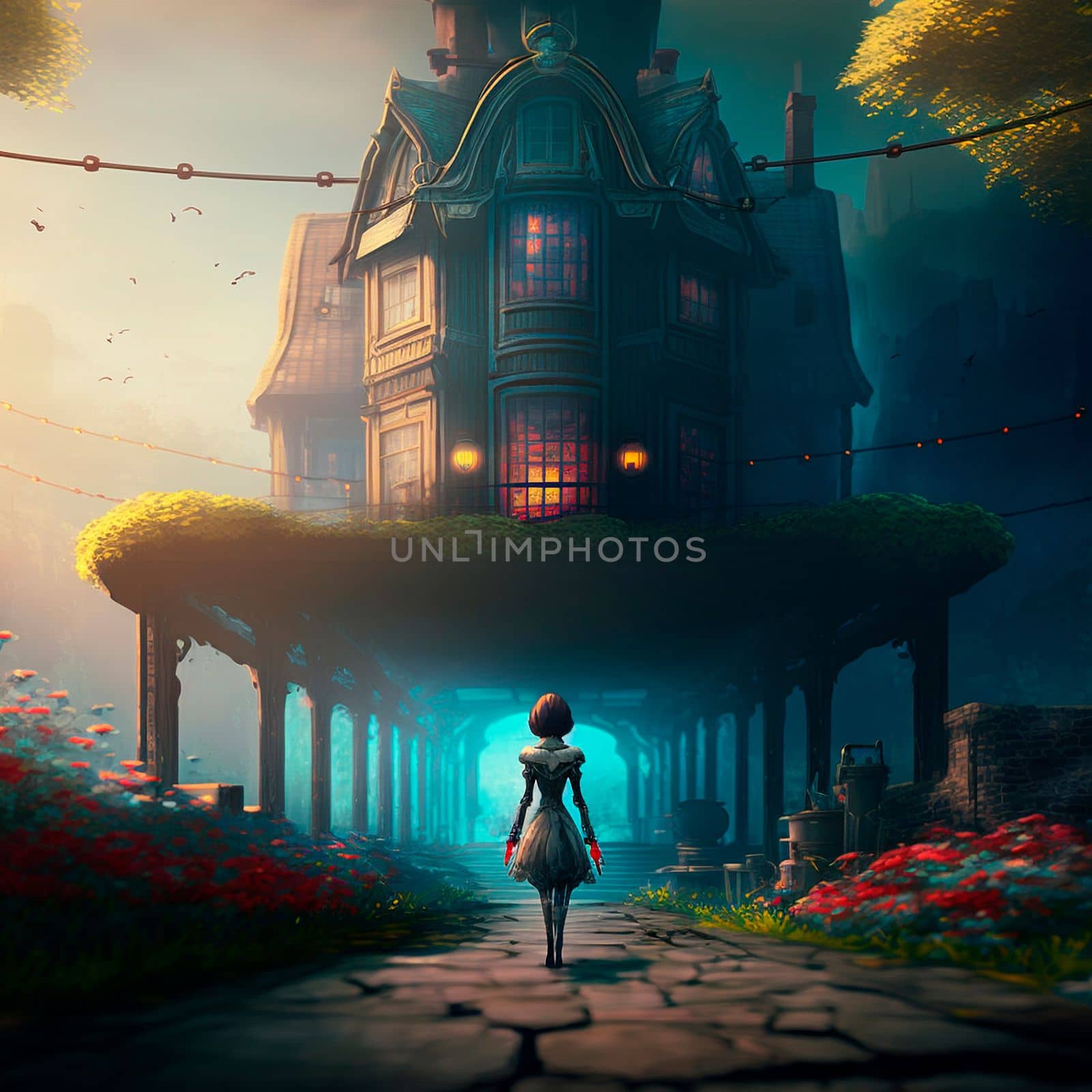 A girl on the background of a mysterious house. High quality illustration