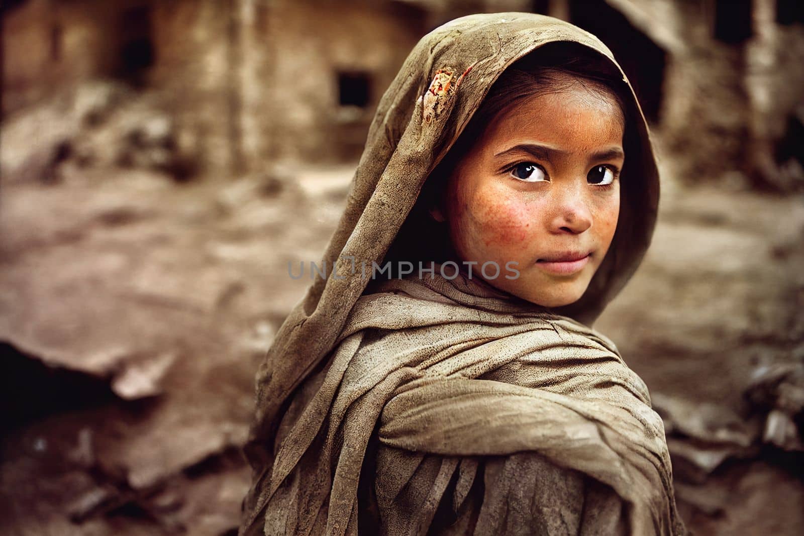 Splendid digital art generative AI of antiwar concept with portrait of young girl suffer from war. Eyes of sadness of children suffering in war zone, ruined building. Humanitarian emergency.