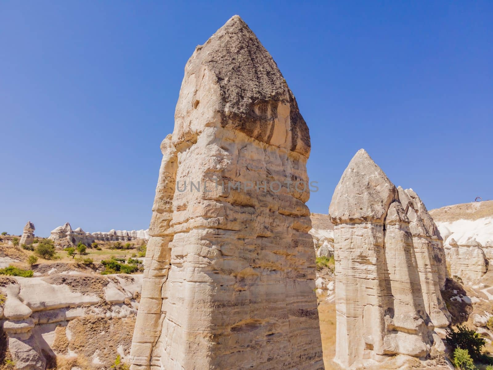 Unique geological formations in Love Valley in Cappadocia, popular travel destination in Turkey.