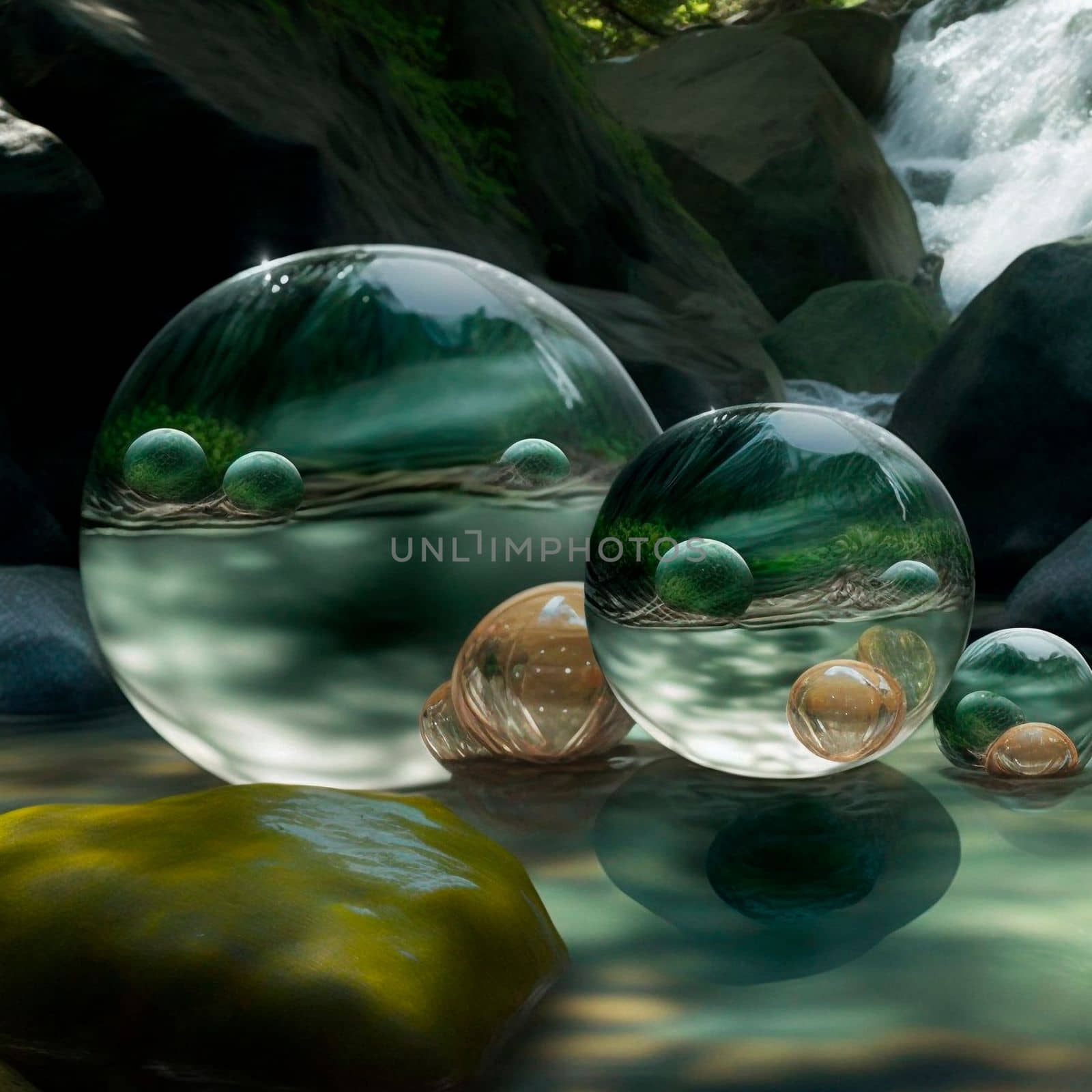 Transparent water spheres against a stunning backdrop of mountains and water. Reflection of the landscape and elements inside the spheres by NeuroSky