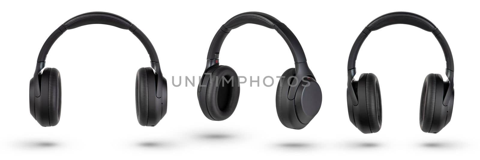 Headphones isolate on white. Wireless headphones in black, high quality, isolated on a white background, for advertising or product catalog. Set of headphones from different angles by SERSOL