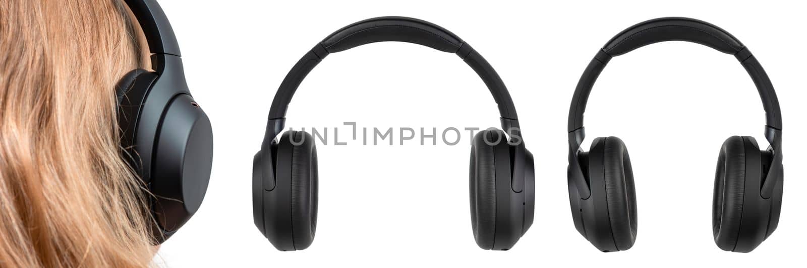 Headphones isolate on white. Wireless headphones in black, high quality, isolated on a white background, for advertising or product catalog. Set of headphones from different angles by SERSOL