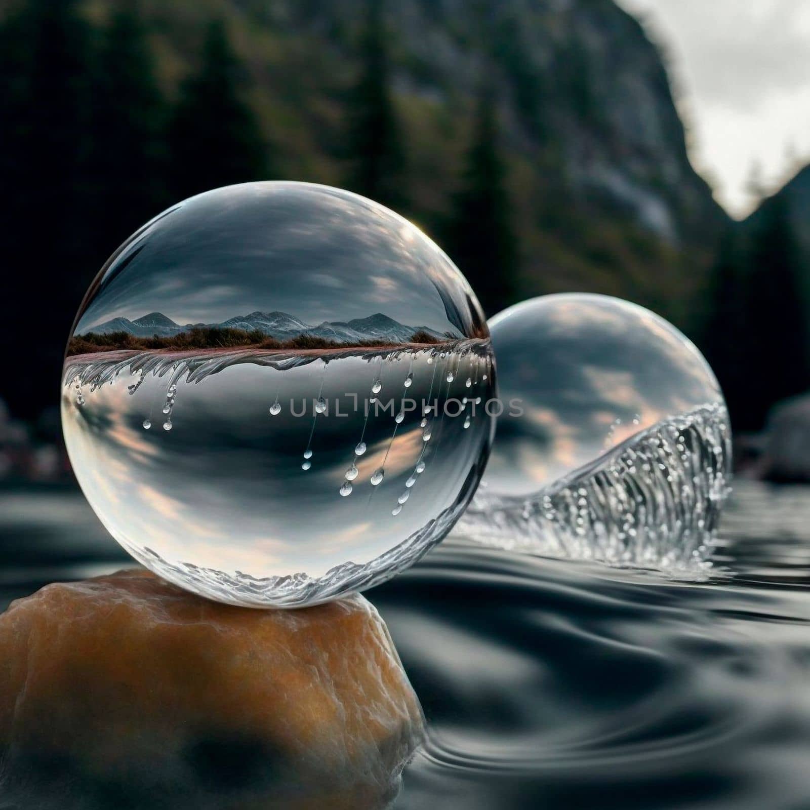 Transparent water spheres against a stunning backdrop of mountains and water. Reflection of the landscape and elements inside the spheres. High quality illustration