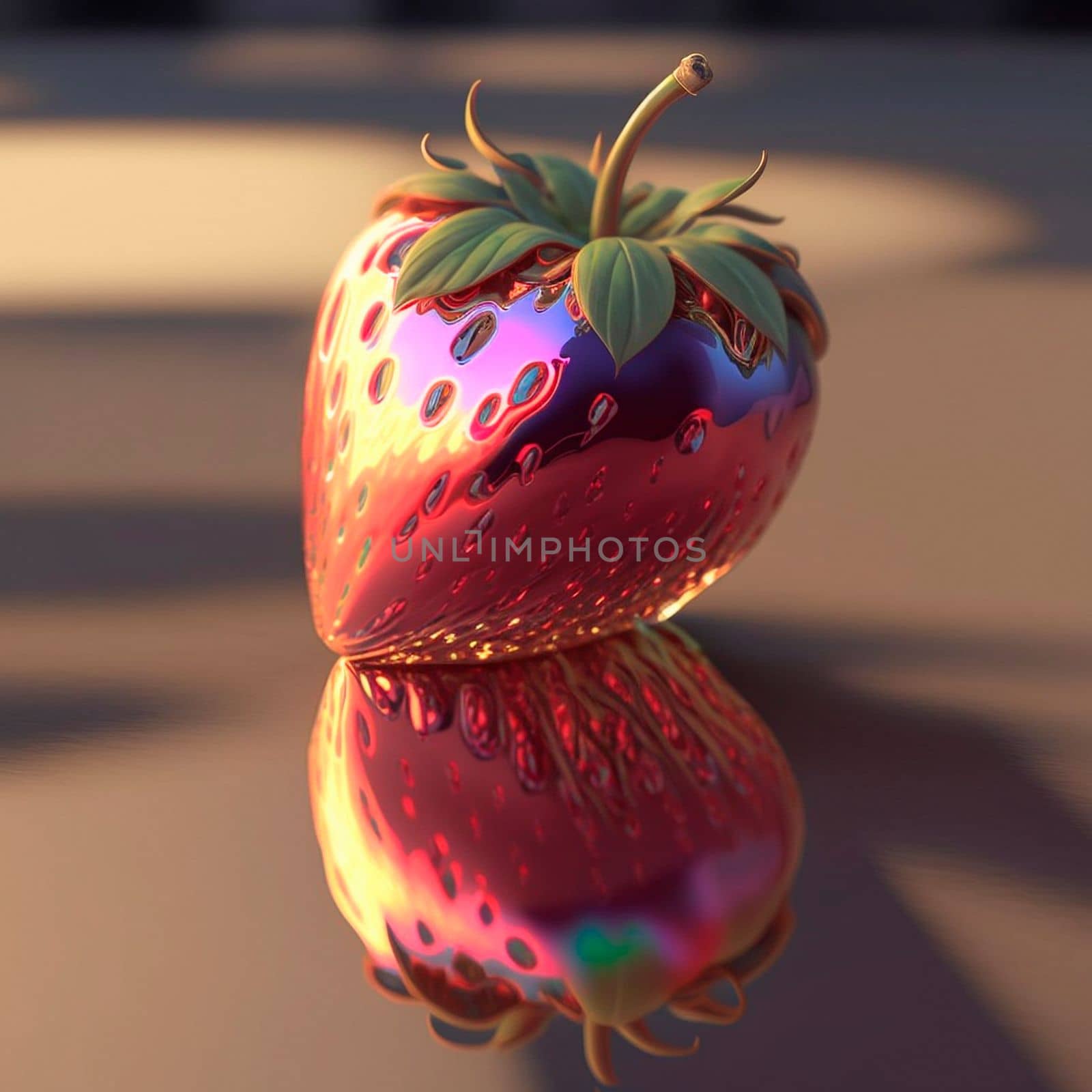 3d image of a shiny and juicy strawberry on the table . High quality illustration