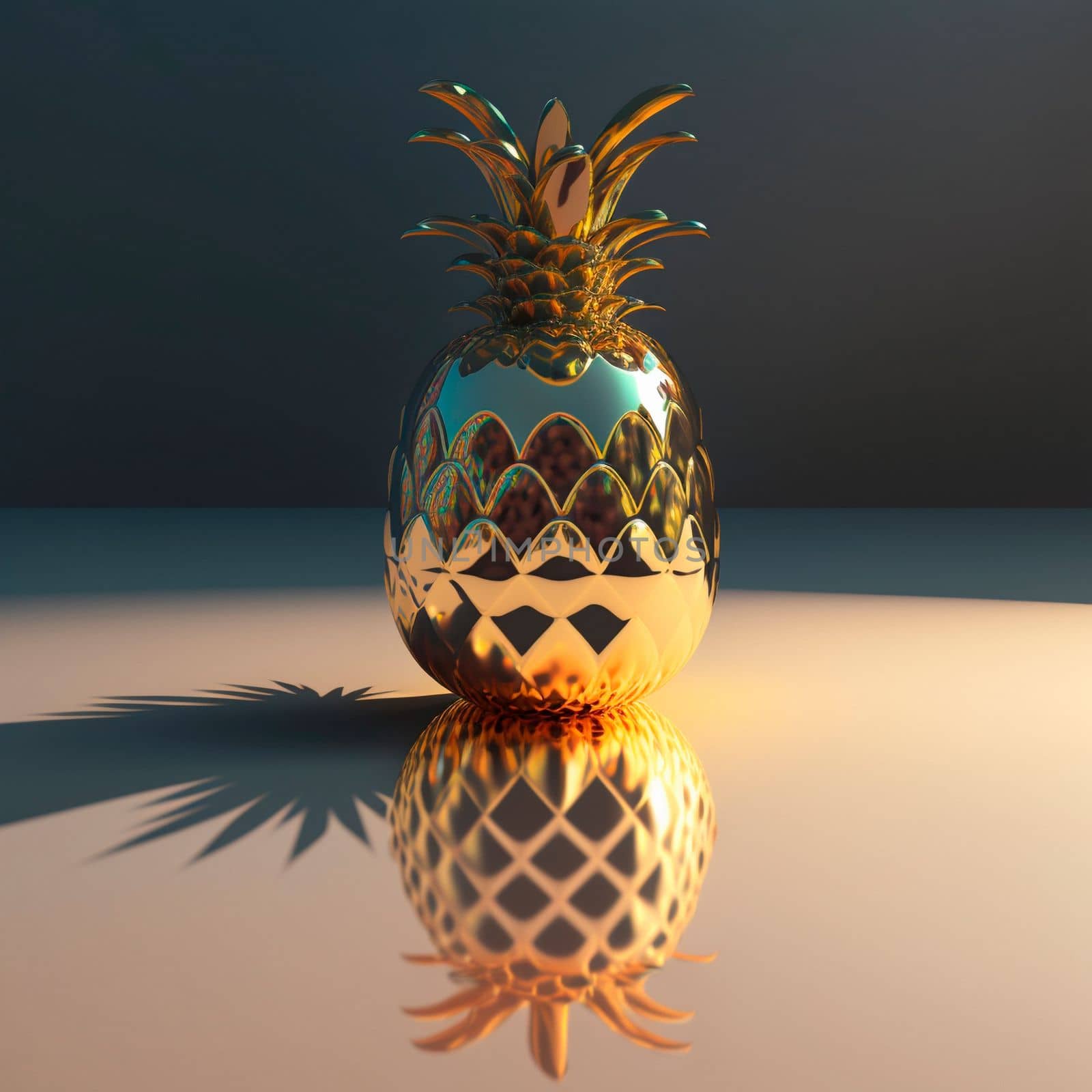 3d image of golden pineapple on the table. High quality illustration