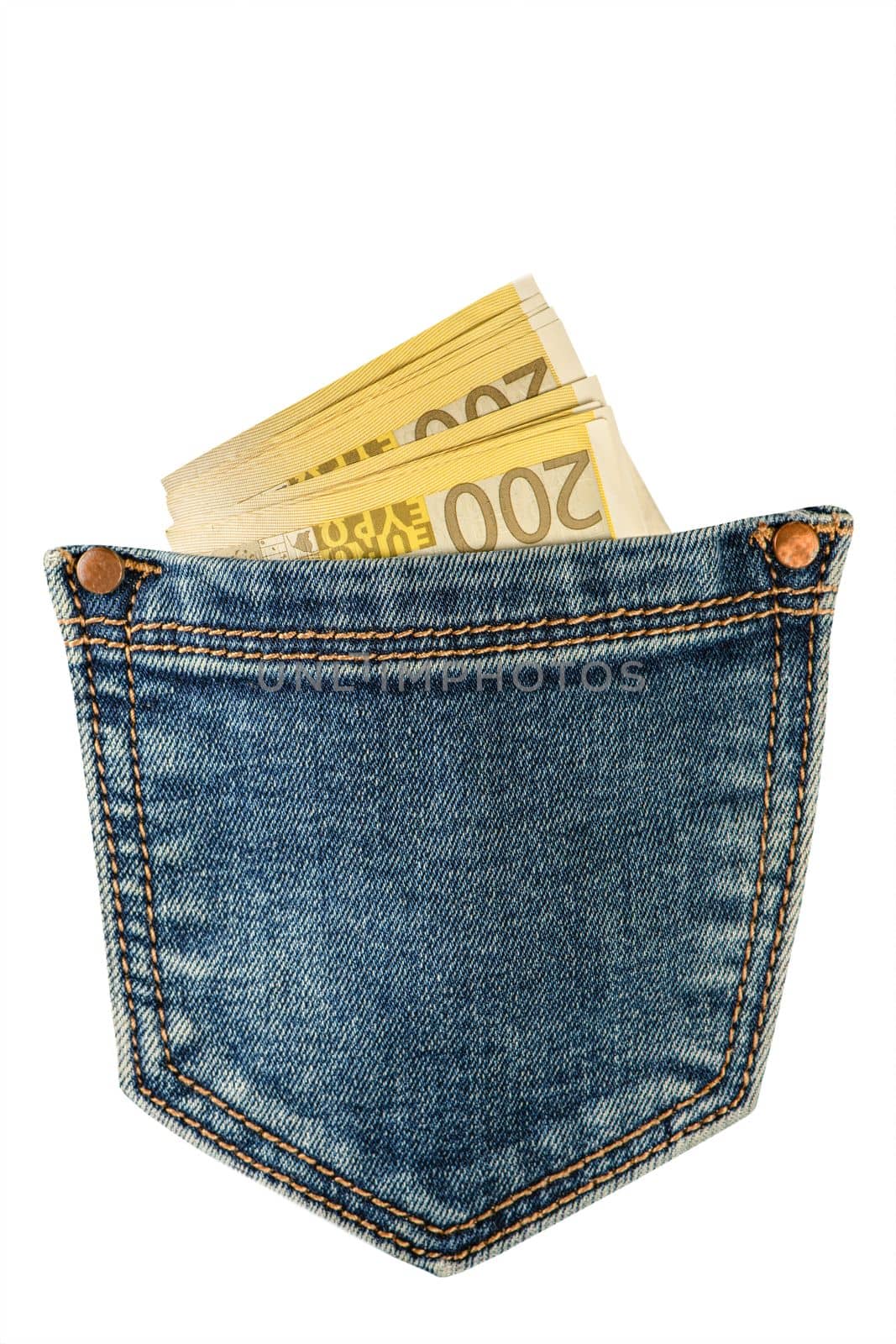 Money in the back pocket of jeans, isolated on white background. A stack of 200 euro bills in a jeans pocket. . The concept of investment, cash, wealth and profit.