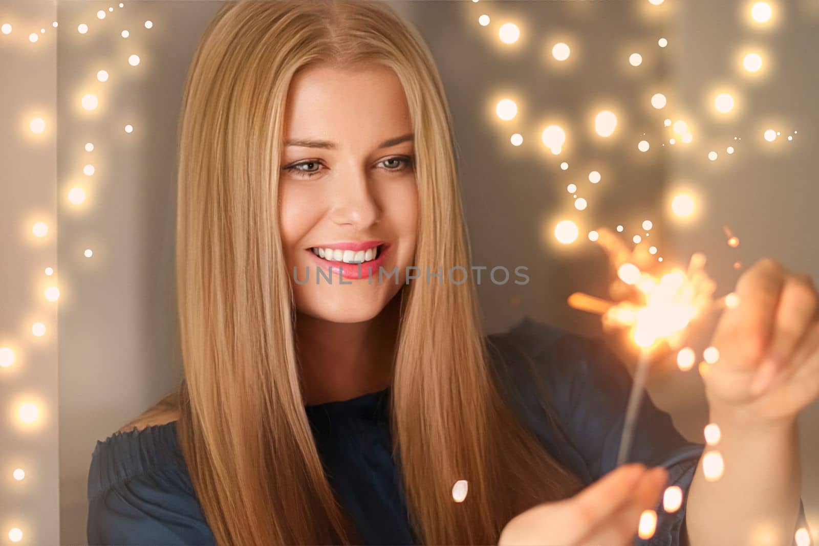 Holiday magic, Christmas and New Year celebration, happy woman with sparklers by Anneleven