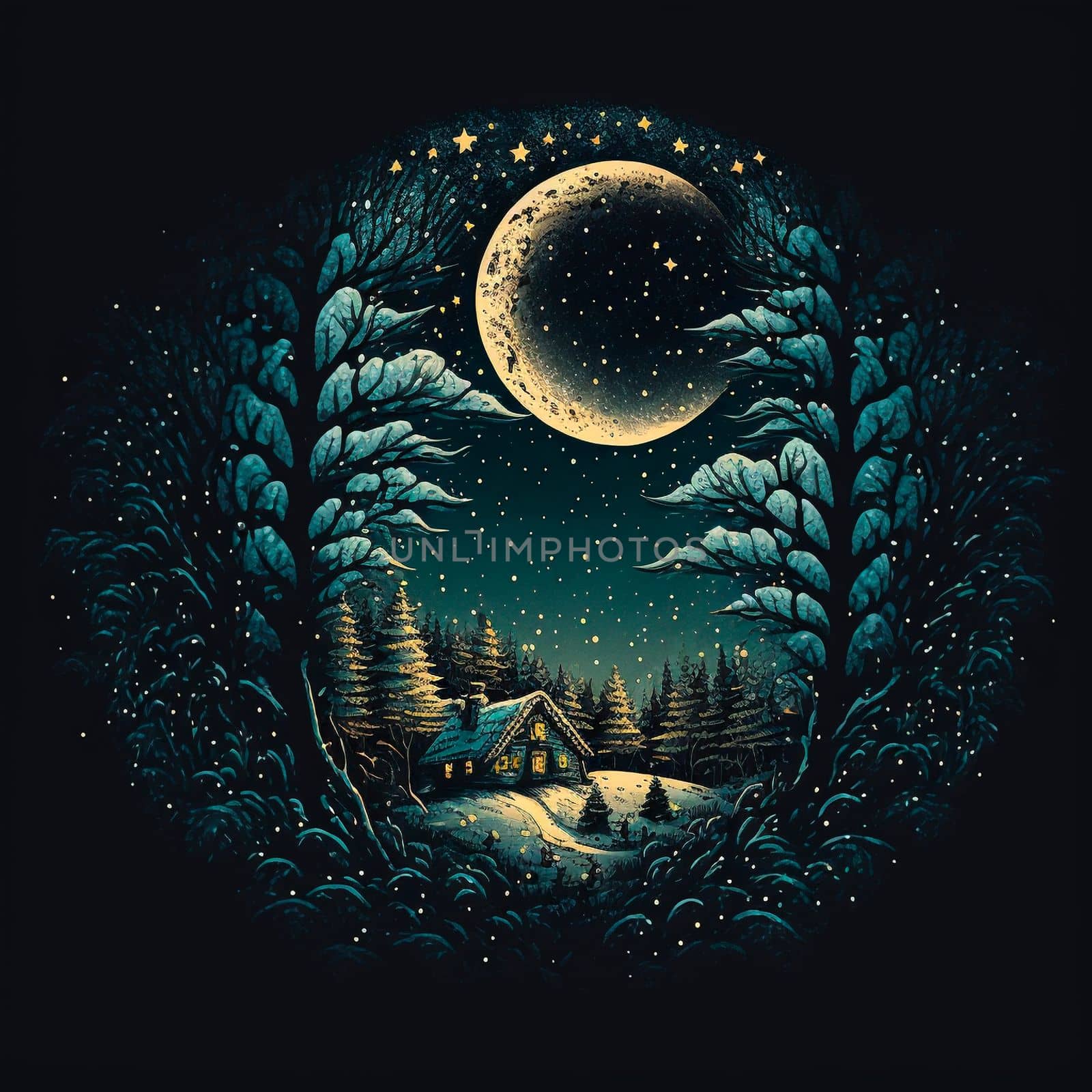 Illustration of a house in a night forest among tall trees in the moonlight by NeuroSky