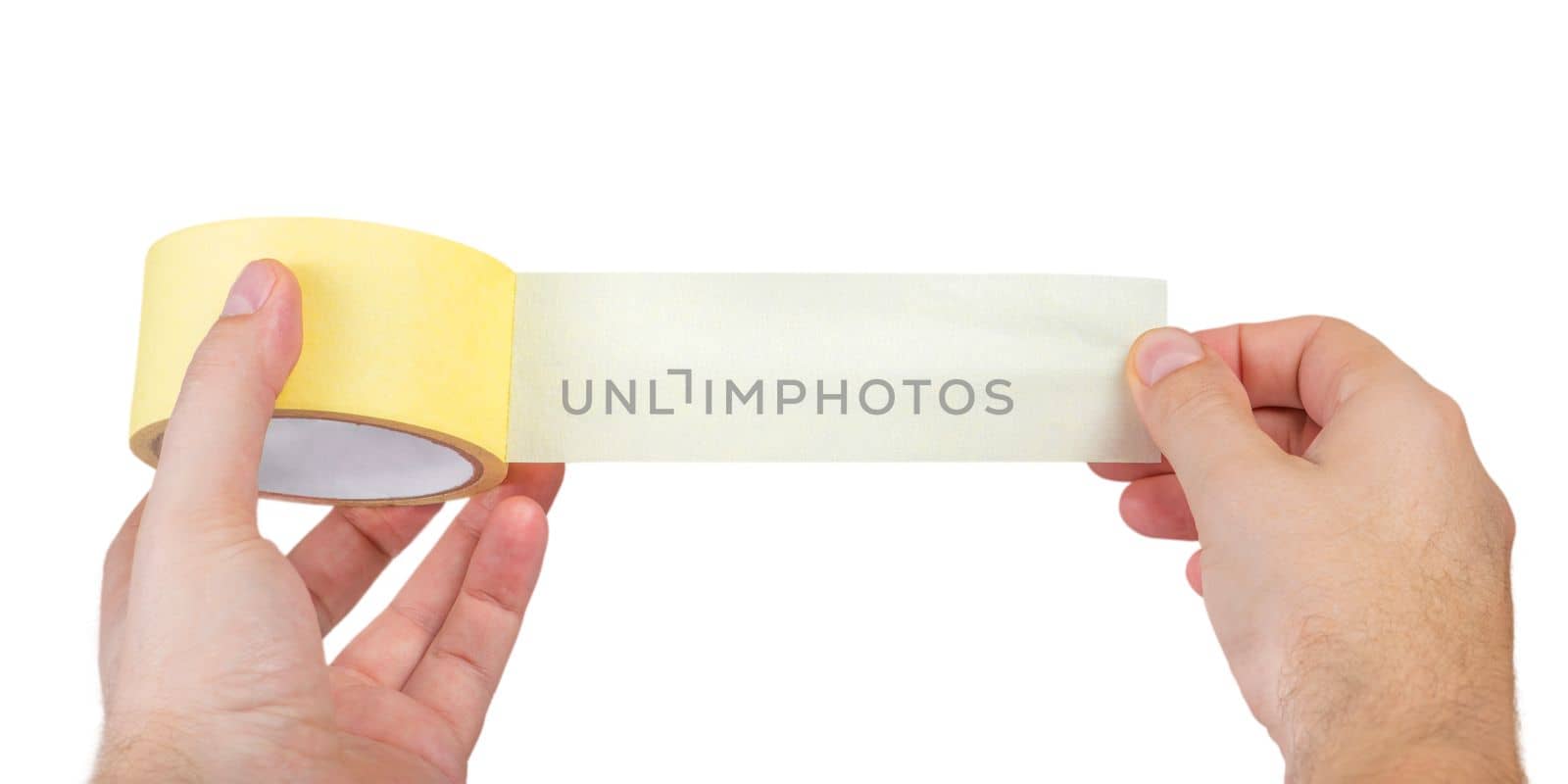 Paper adhesive tape isolated on white. A roll of paper duct tape in the hands of a white man. Unfolded adhesive tape with space for text. by SERSOL