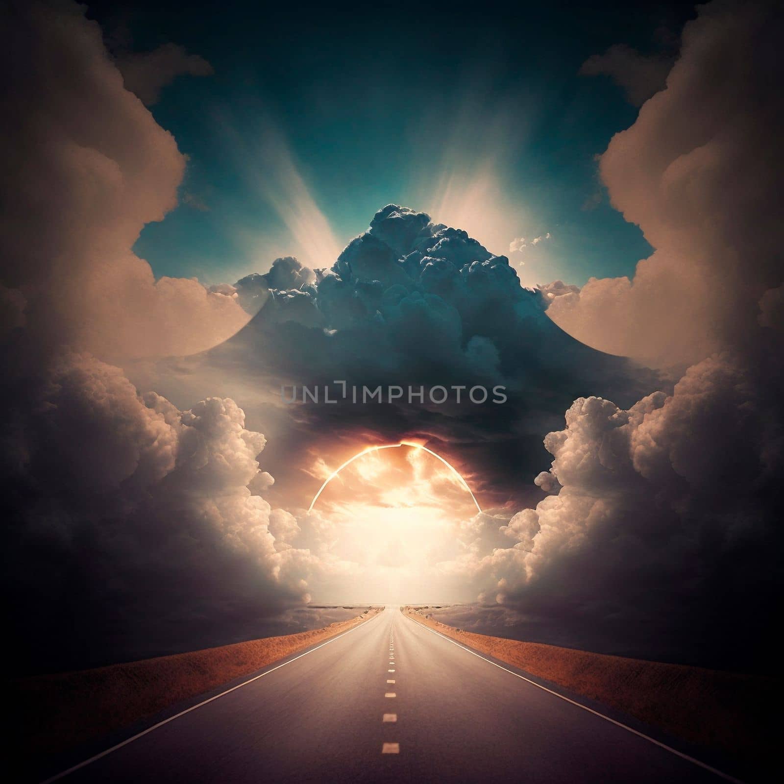 Stunningly beautiful view of the road and the sky, the road going to the sky. Symbolism of the life path. High quality illustration