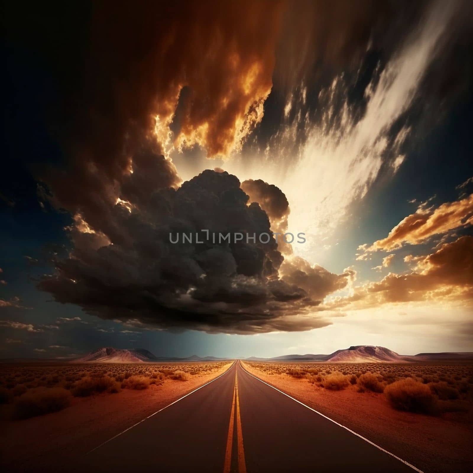 Stunningly beautiful view of the road and the sky, the road going to the sky. Symbolism of the life path. High quality illustration