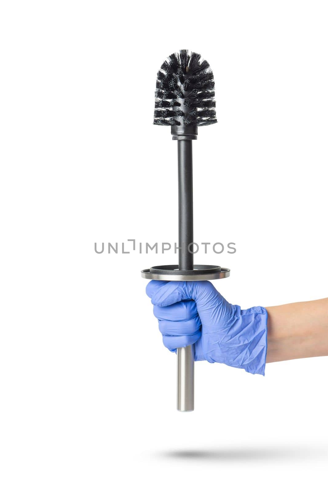 Toilet brush in hand on a white isolated background, a hand in a blue rubber glove holds a black chrome toilet brush