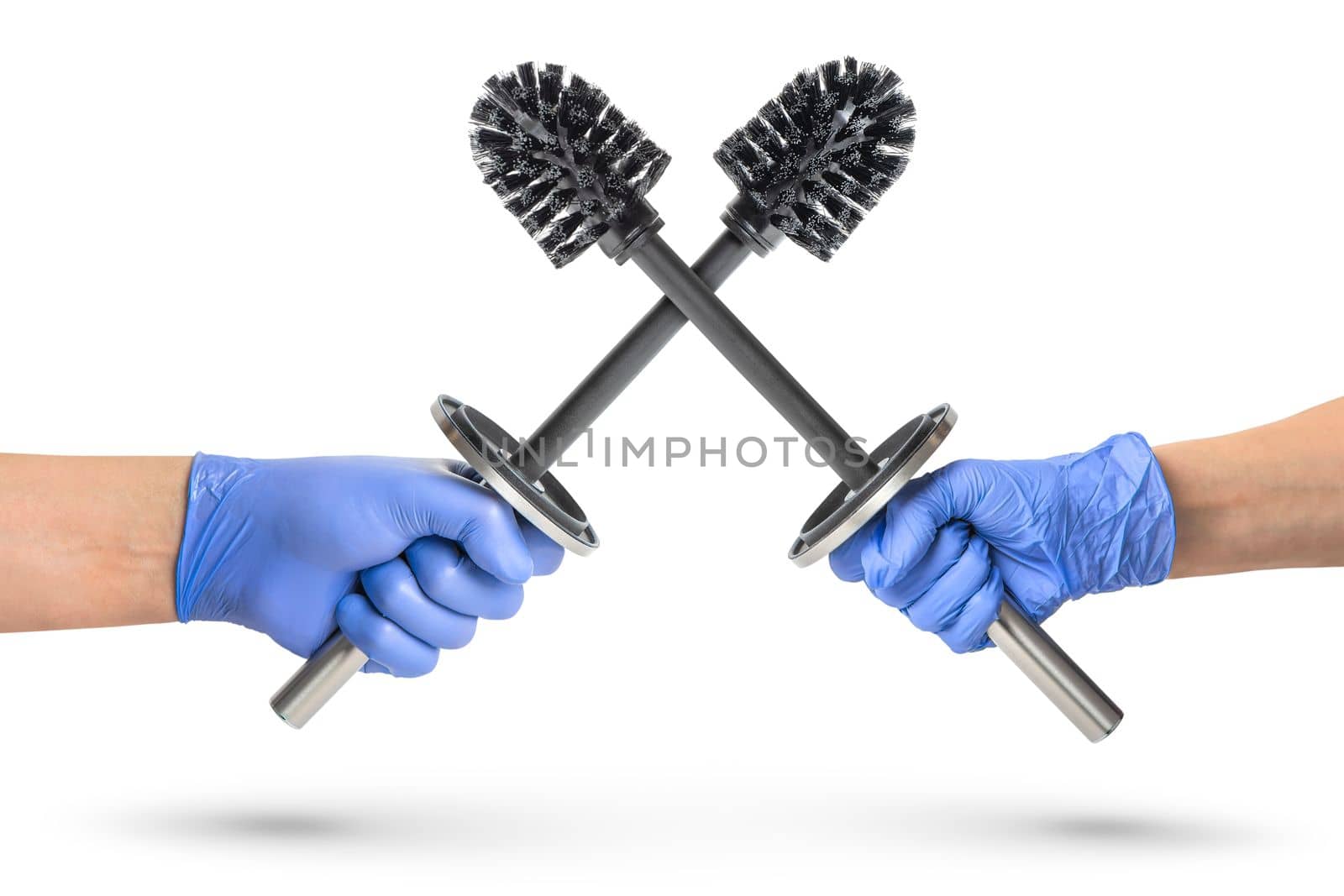 Black toilet brush isolated on white. Close-up of toilet brushes in hands crossed like swords. Metal brush for the toilet on a white background