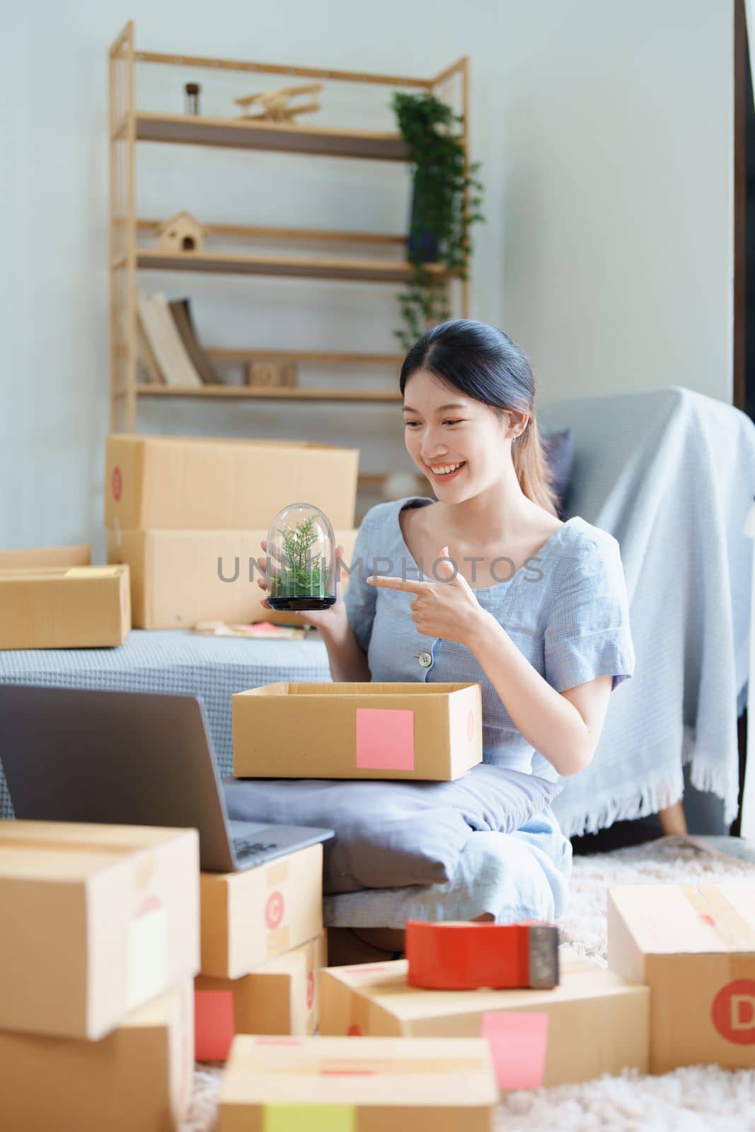 Starting small business entrepreneur of independent young Asian woman online seller using a computer showing products to a customer before making a purchase decision. SME delivery concept.