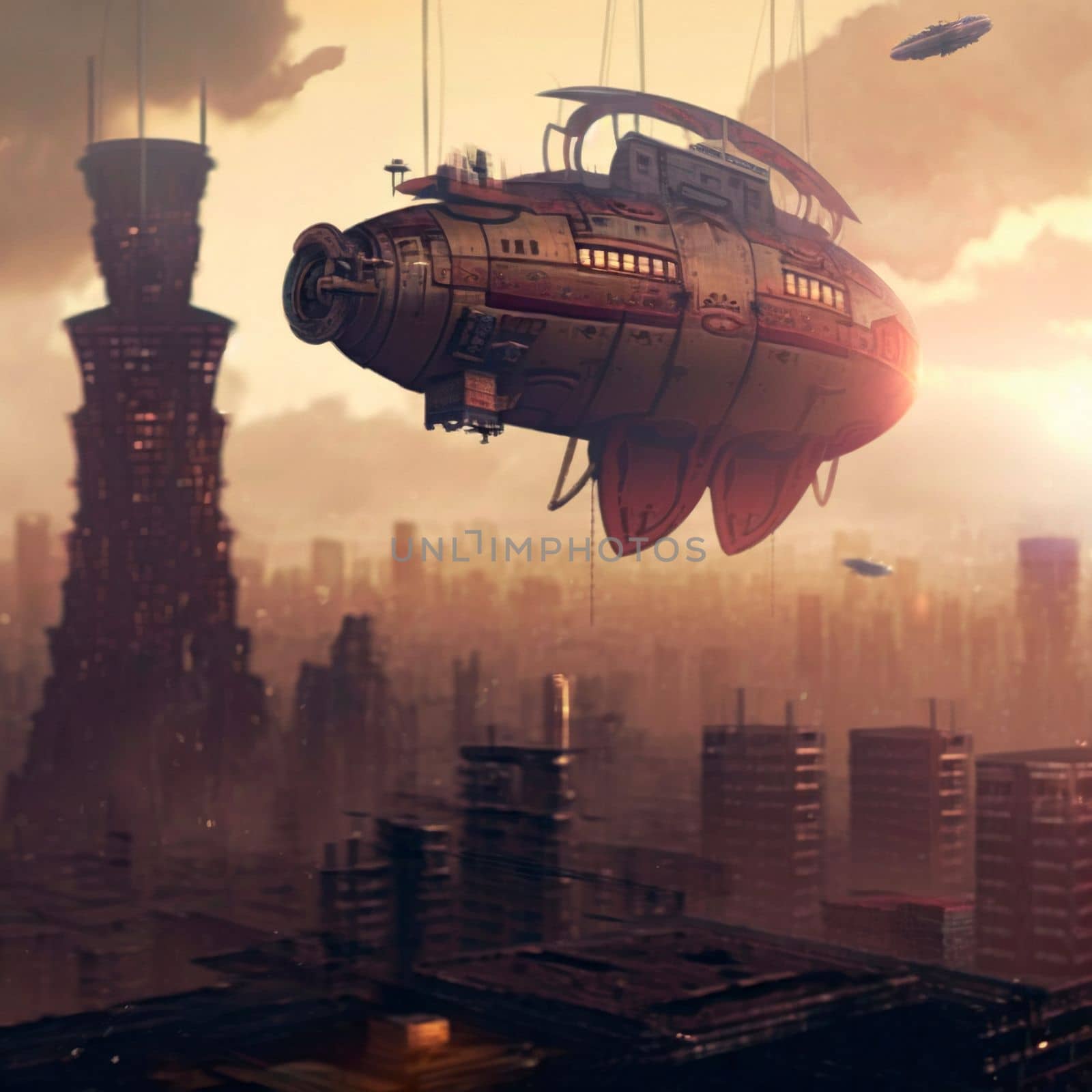Steampunk airship flies over a modern city. High quality illustration