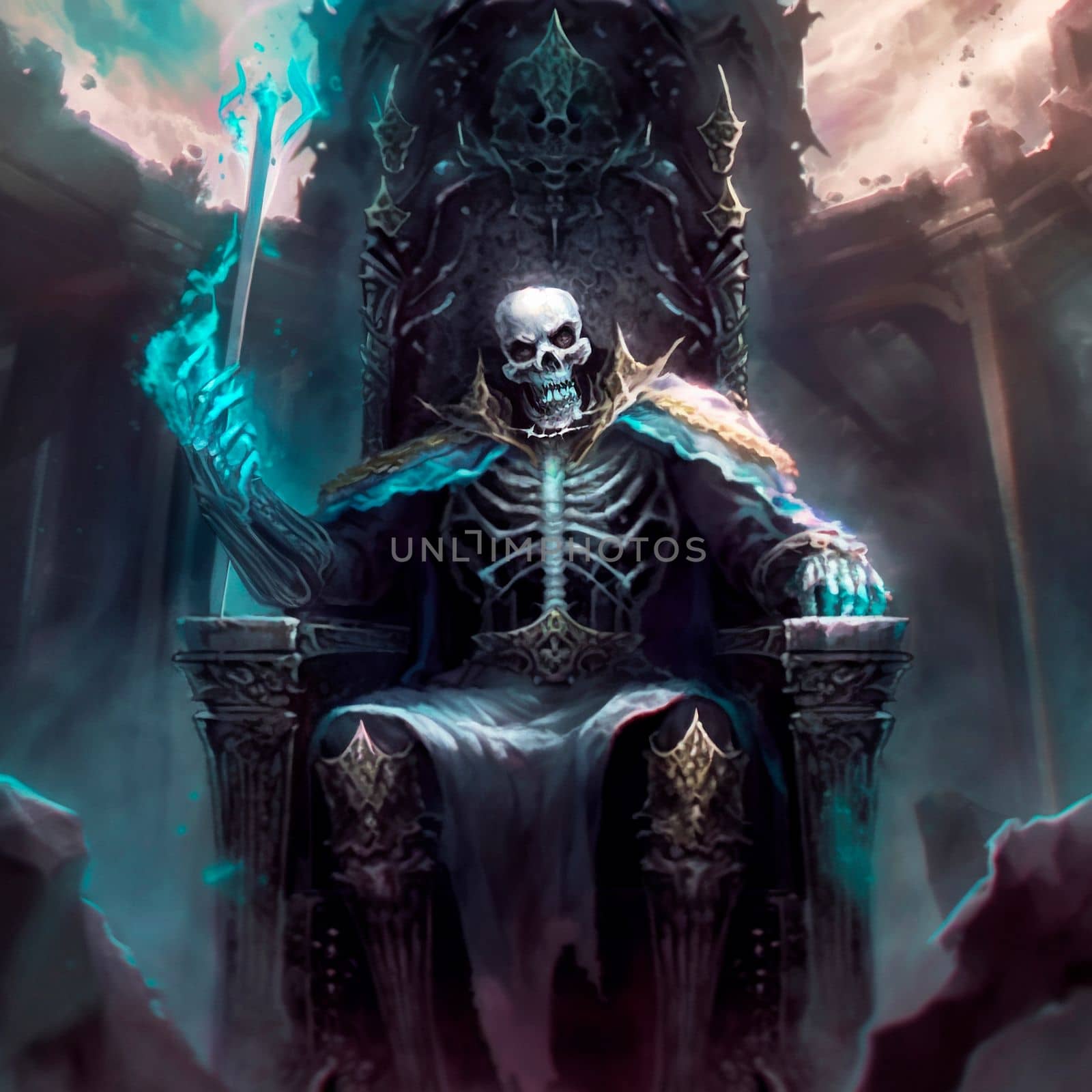 The skeleton king sits on his throne. High quality illustration