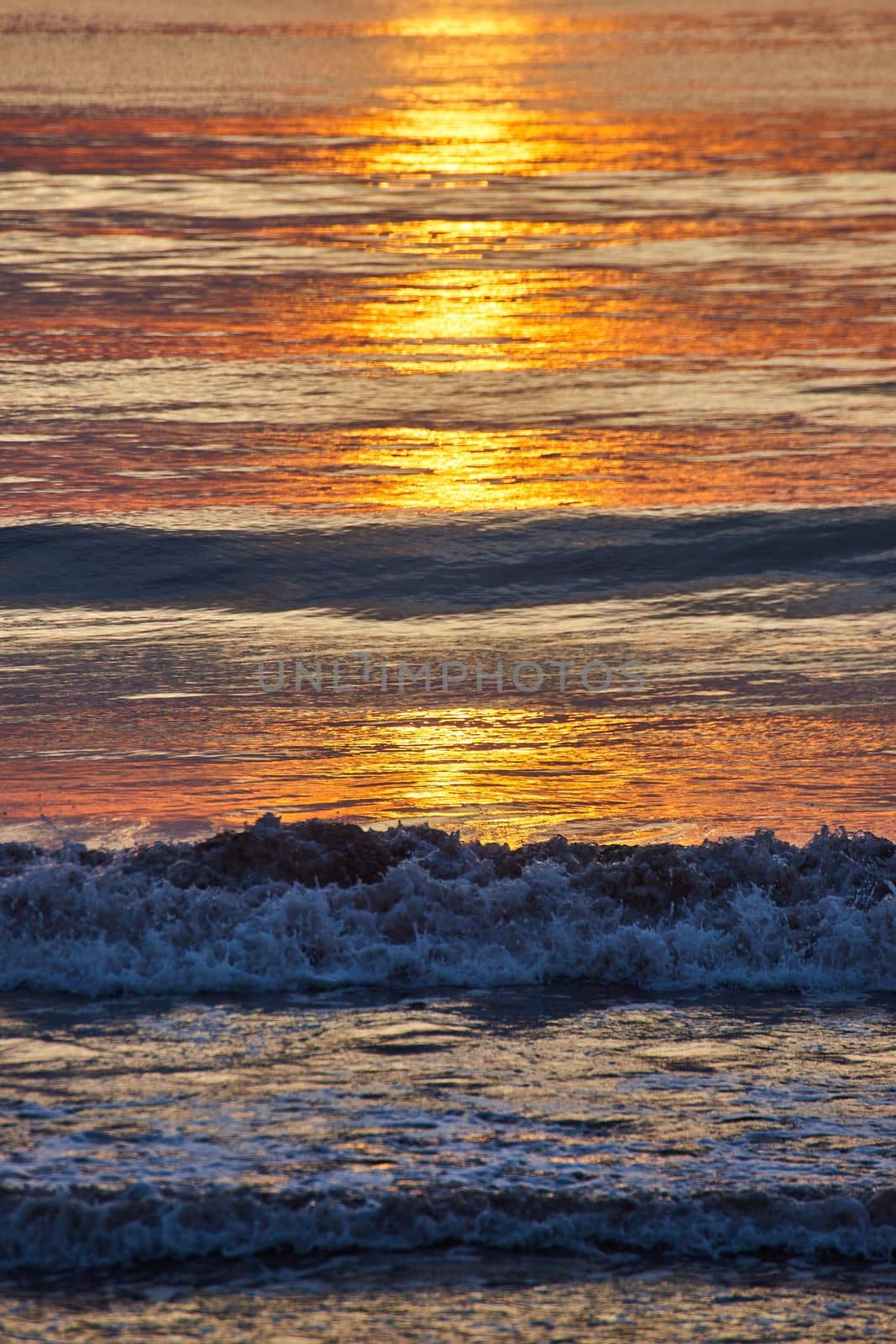 Image of Detail vertical of crashing waves over east coast ocean with golden sunrise light casting light