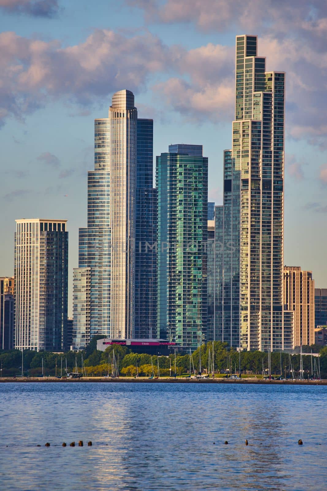 Image of Lake view of group of large skyscrapers in Chicago downtown