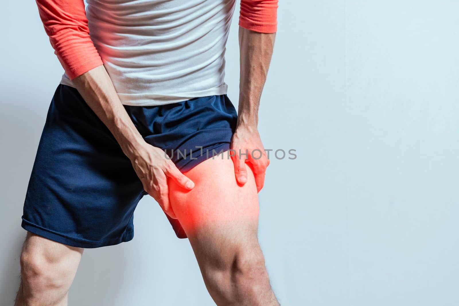 Medical problem of man with leg muscle pain. Person with leg muscle pain isolated. Sore man with leg muscle pain. People with leg muscle inflammation isolated. Muscle tear concept by isaiphoto