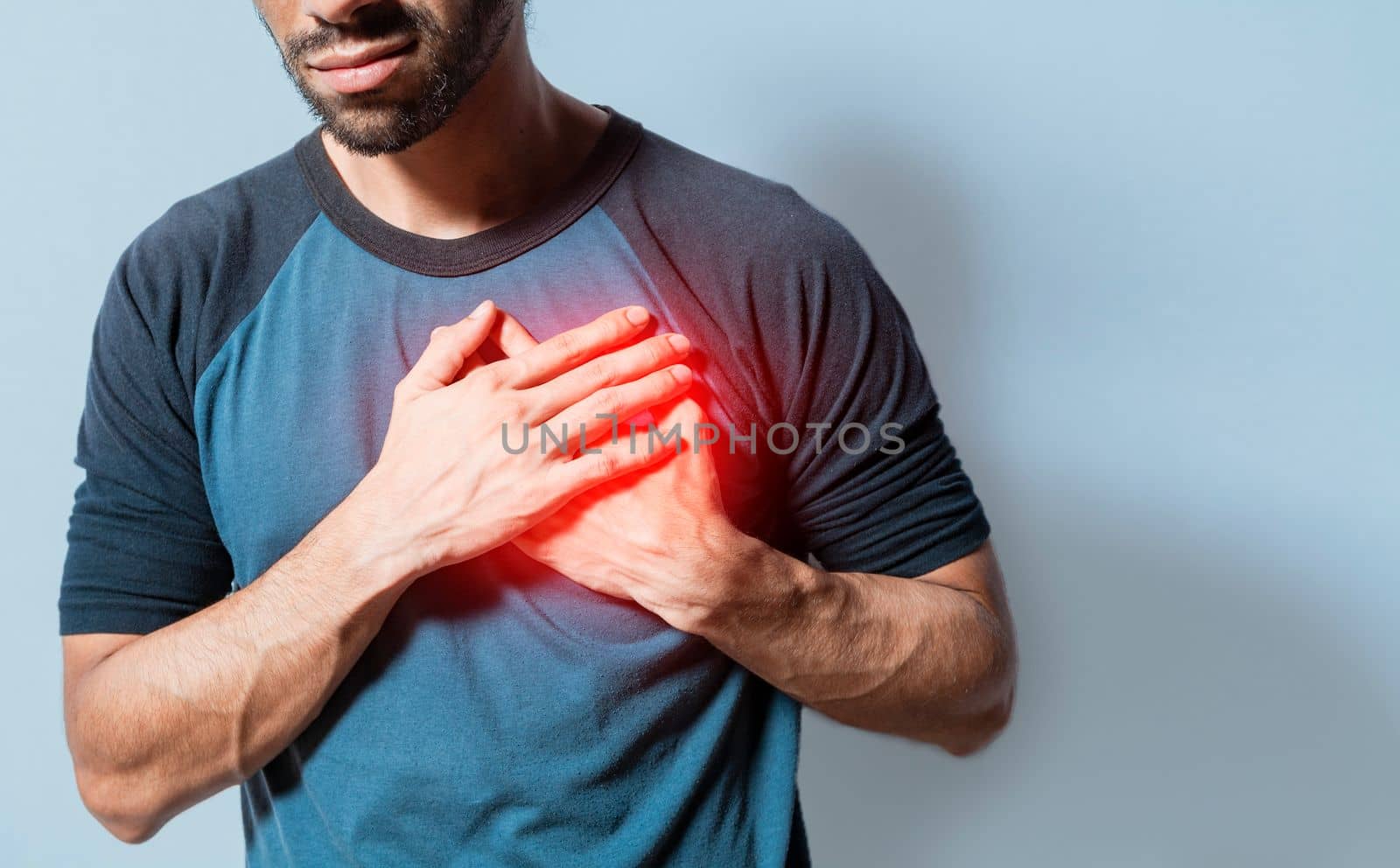 People with chest pain isolated, young man with tachycardia, man with heart pain on isolated background, young man with heart pain. Concept of people with heart problems