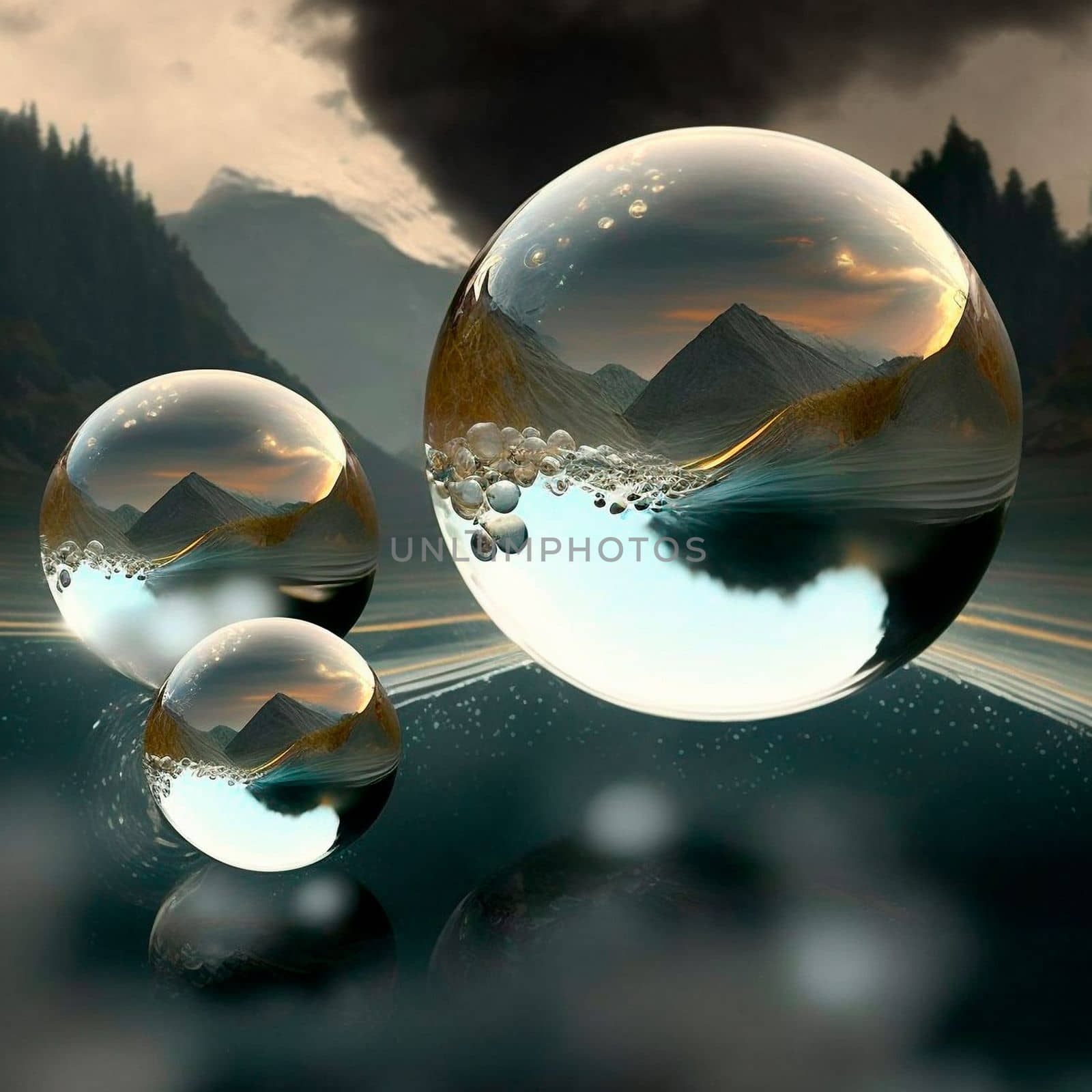 Transparent water spheres against a stunning backdrop of mountains and water. Reflection of the landscape and elements inside the spheres. High quality illustration