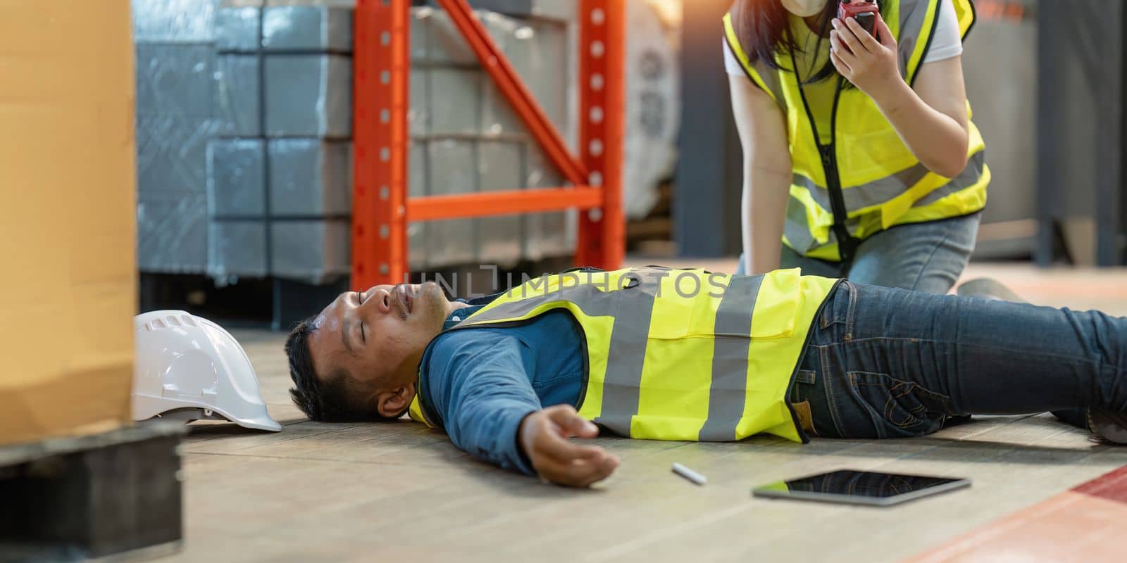 First aid by workmate. Working at warehouse. Male warehouse worker have accident