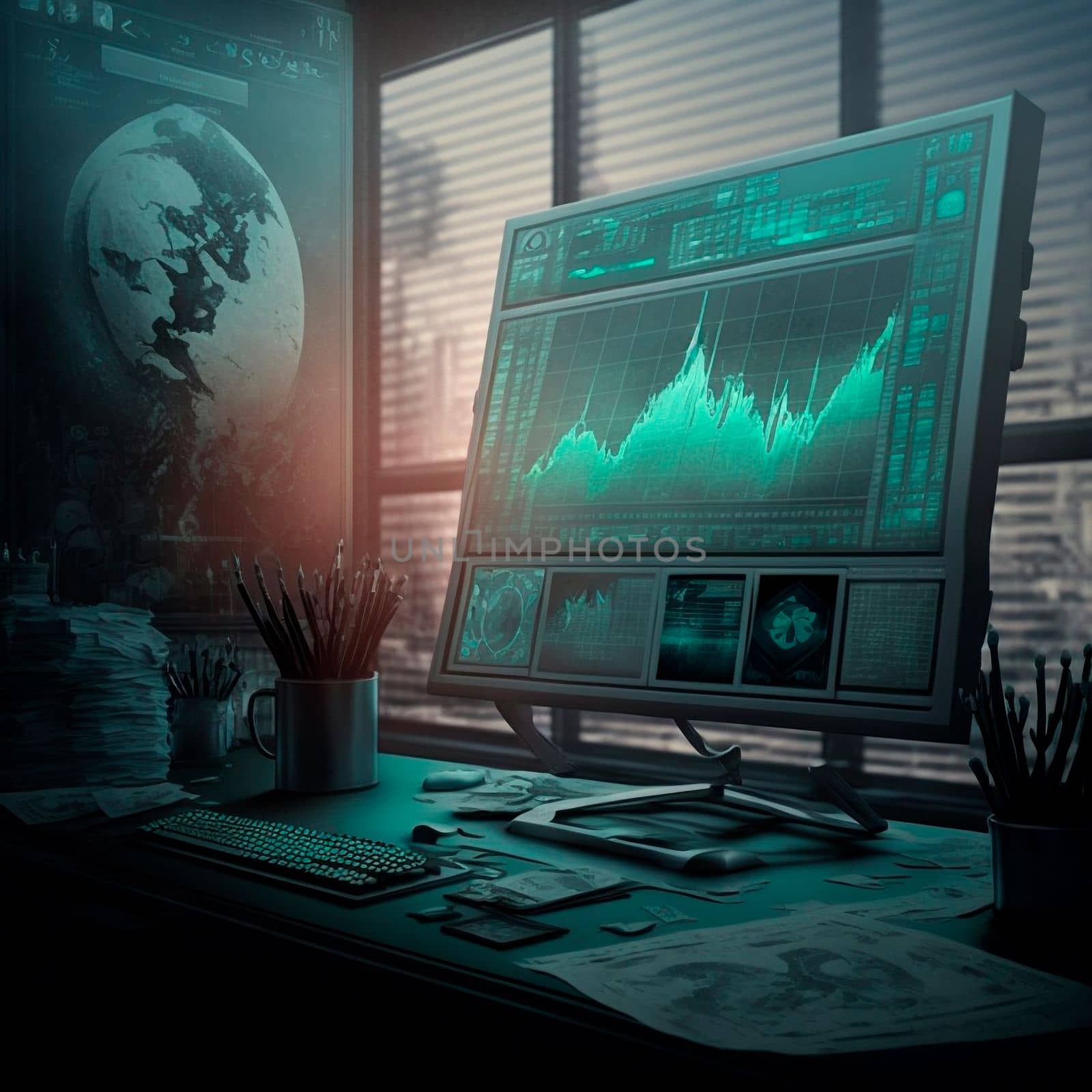 computer and screens with graphs in the office in retro style, graph analysis and world map. High quality illustration