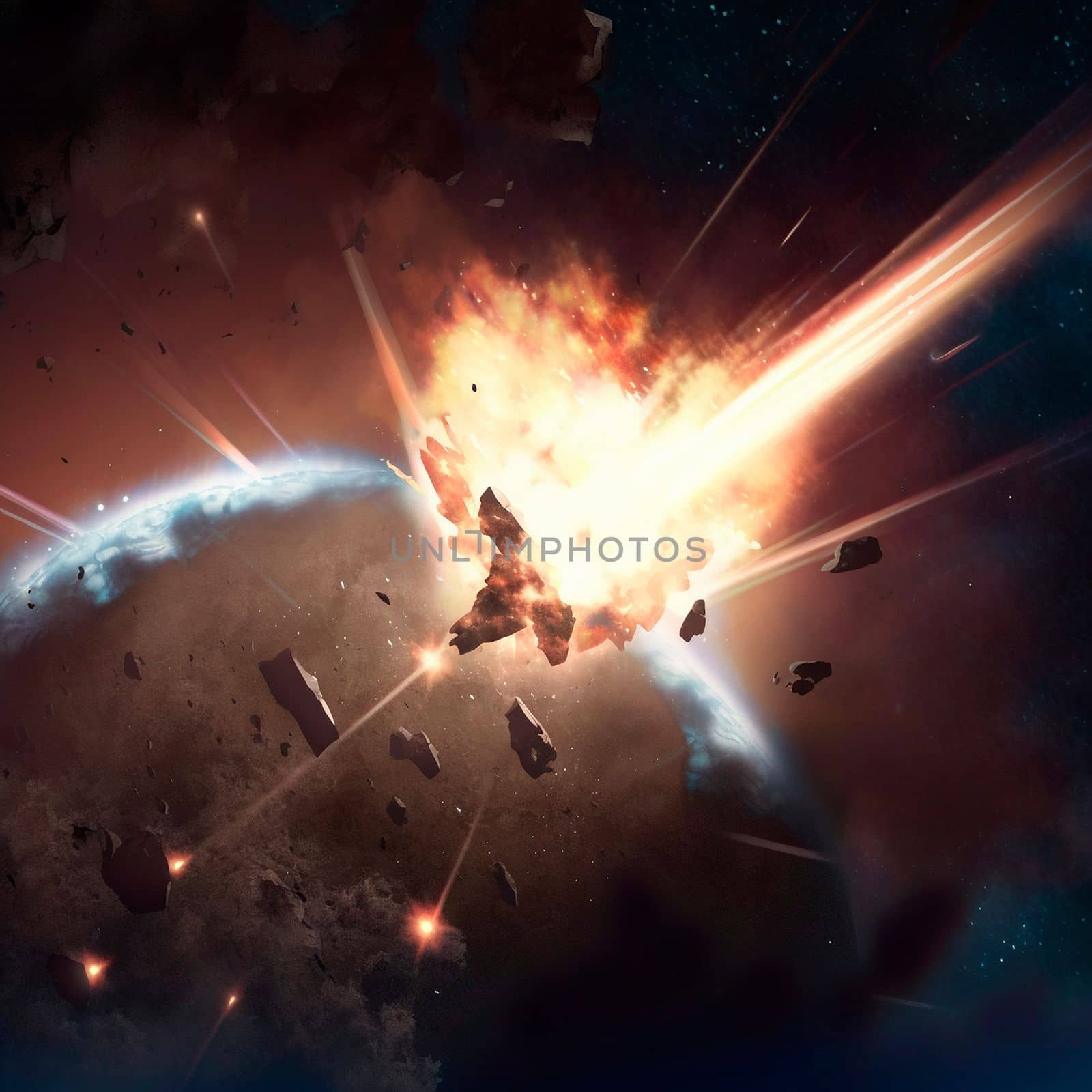 Meteor strike. Explosion in space. High quality illustration