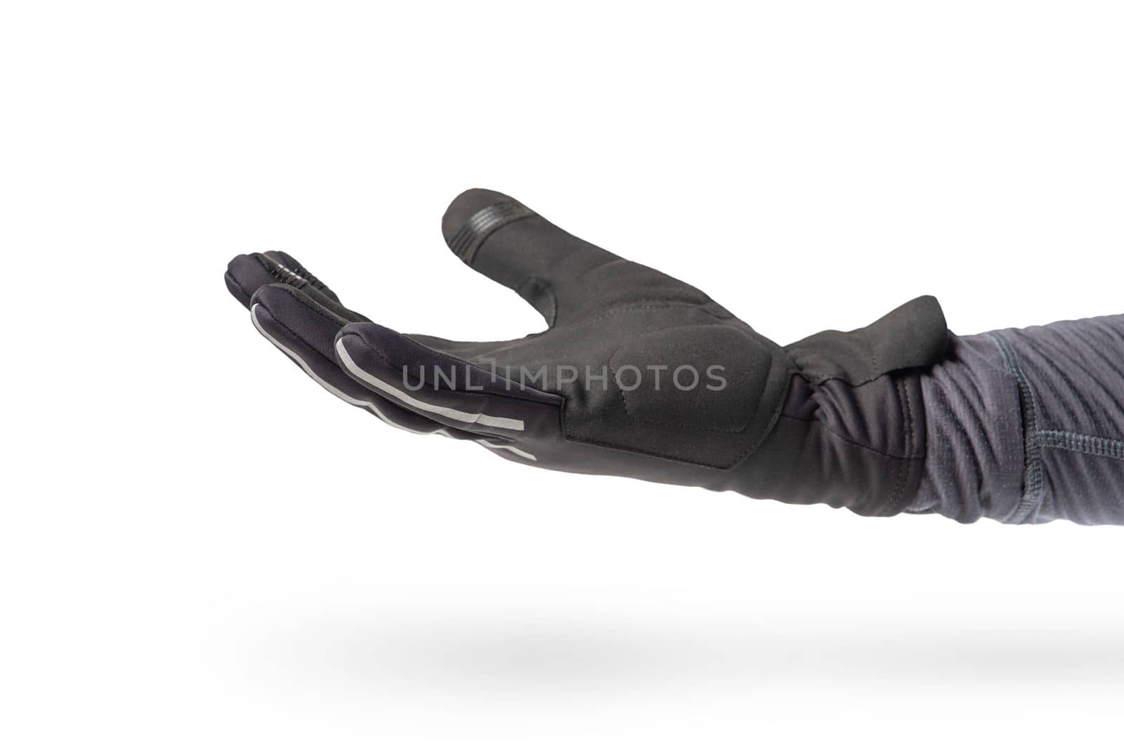 Hand in a glove of a cyclist or motorcyclist. Hand in a black glove isolated on a white background, located palm up by SERSOL