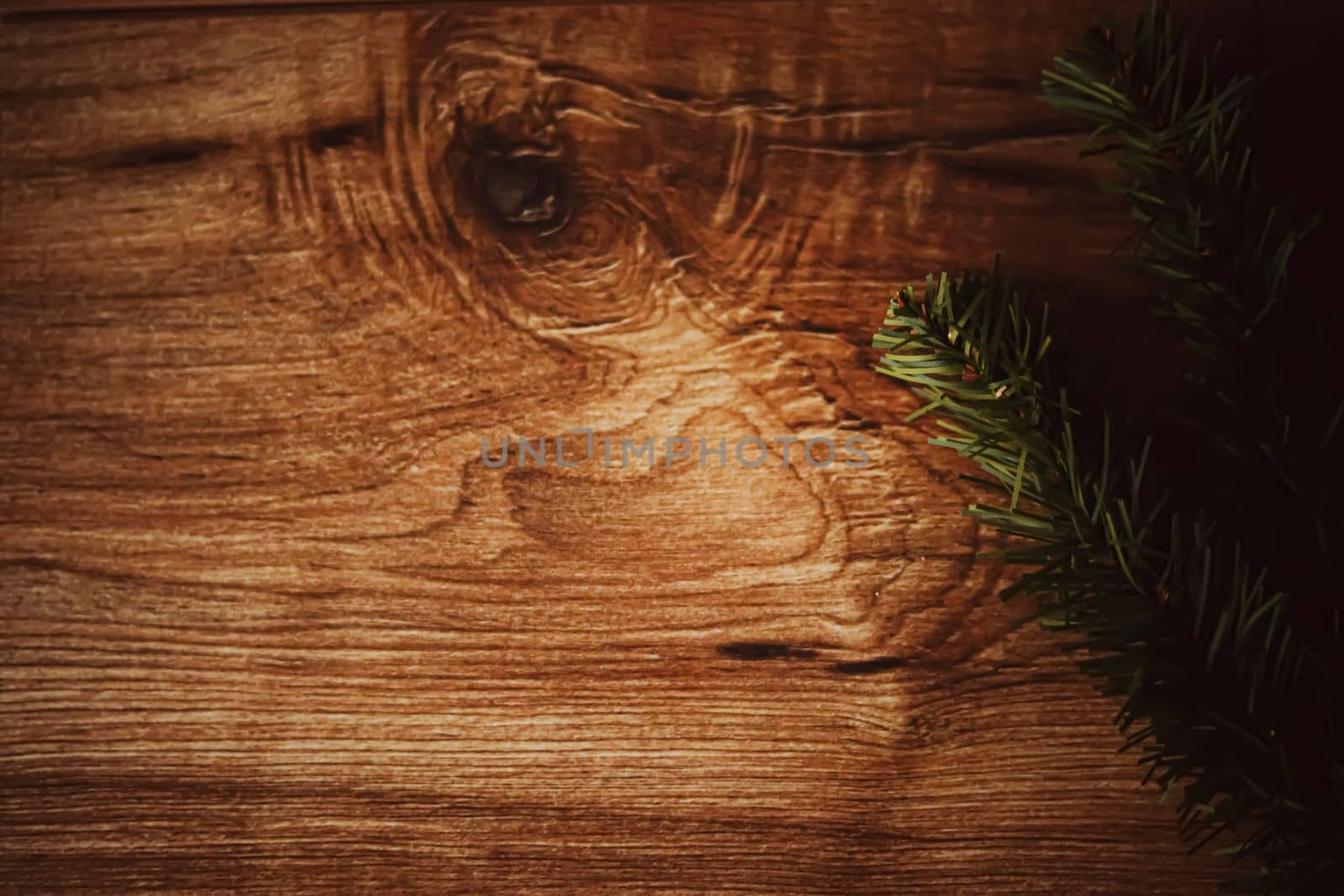 Antique wood and fir tree branch, Christmas and holiday background.