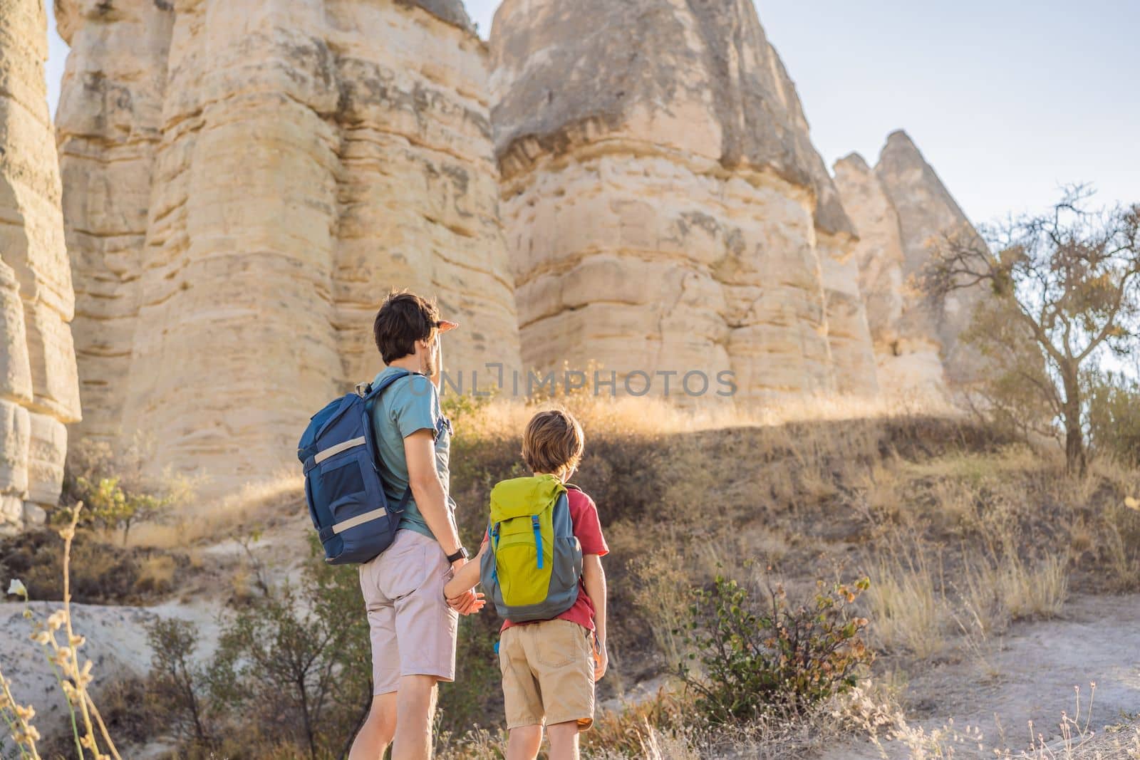 Father and son tourists on background of Unique geological formations in Love Valley in Cappadocia, popular travel destination in Turkey. Traveling with children in Turkey concept.