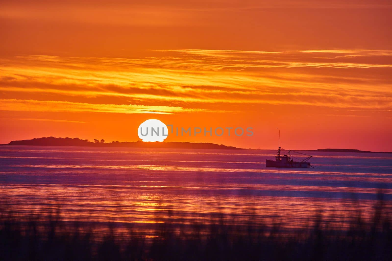 Image of Sunrise with golden light on ocean east coast with grassy coast in foreground and fishing ship in distance