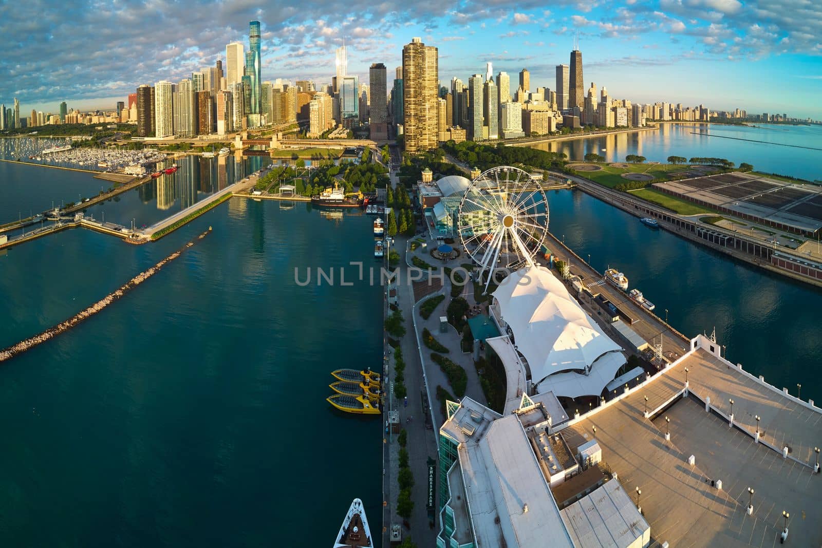 Image of Warped panorama of Chicago Navy Pier and skyline in morning light