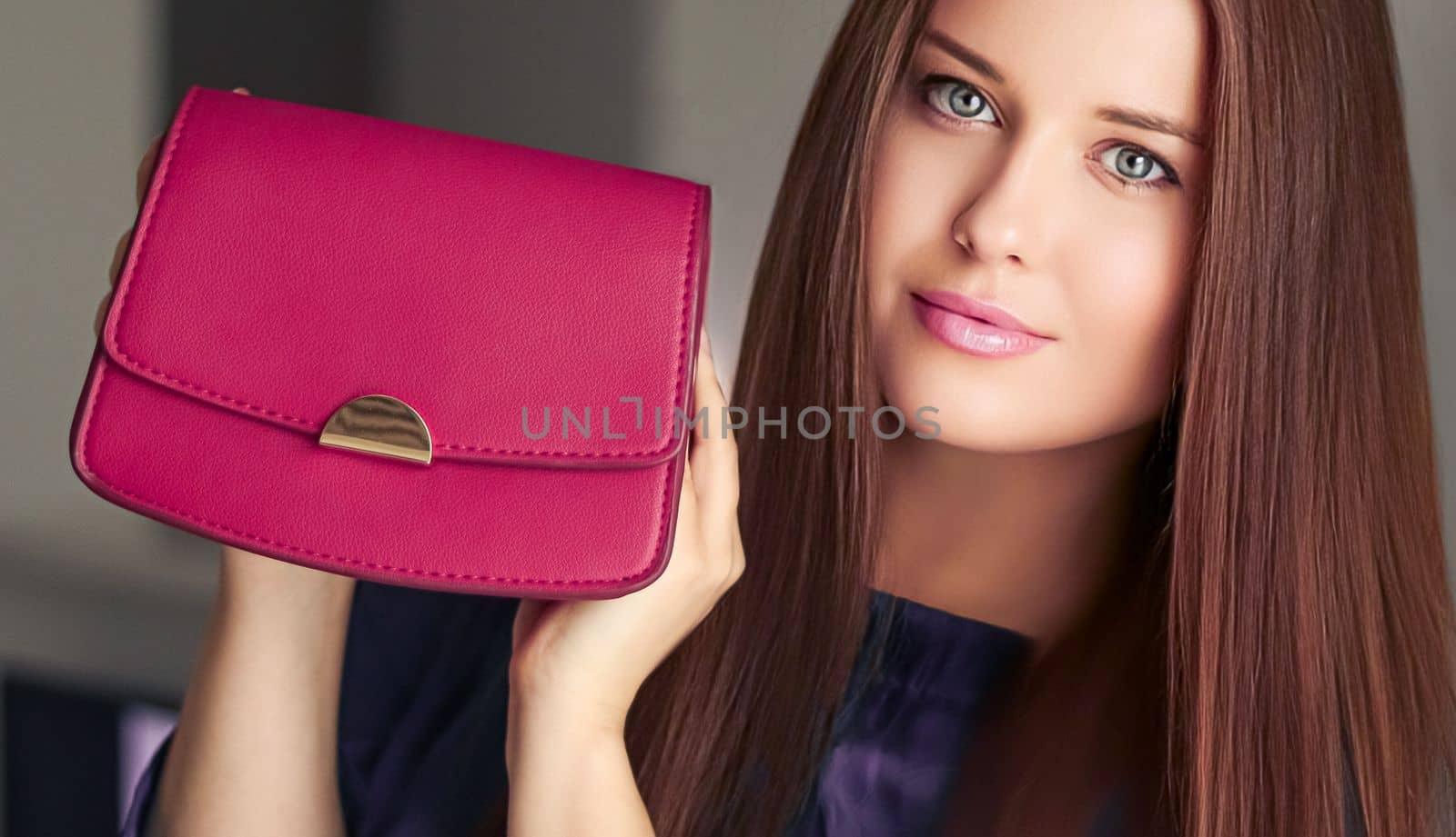 Fashion and accessories, happy beautiful woman holding small pink handbag with golden details as stylish accessory and luxury shopping by Anneleven