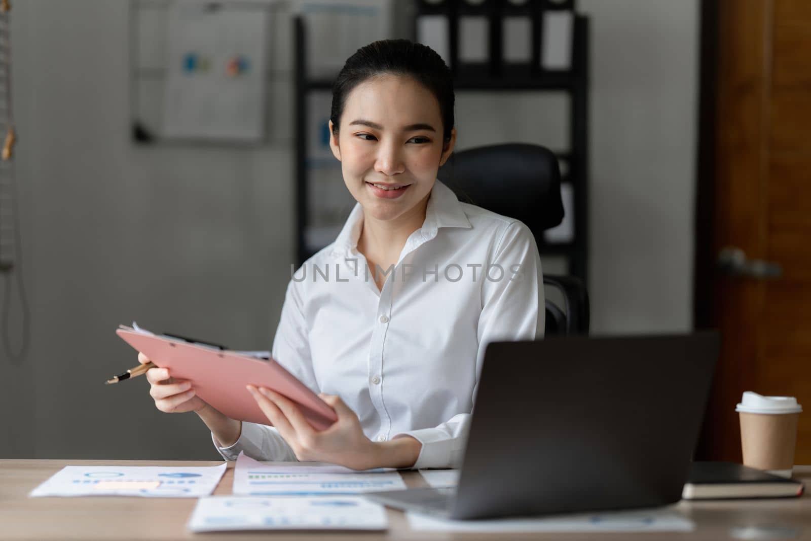 Business Documents, Auditor businesswoman searching document legal prepare paperwork and report for analysis TAX time, accountant Documents data contract partner deal in workplace.