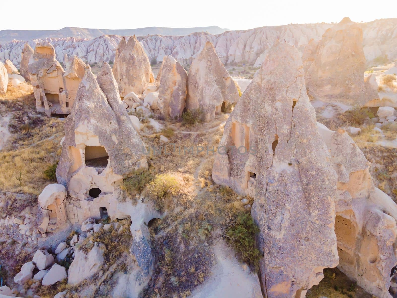 Beautiful stunning view of the mountains of Cappadocia and cave houses. Turkey.