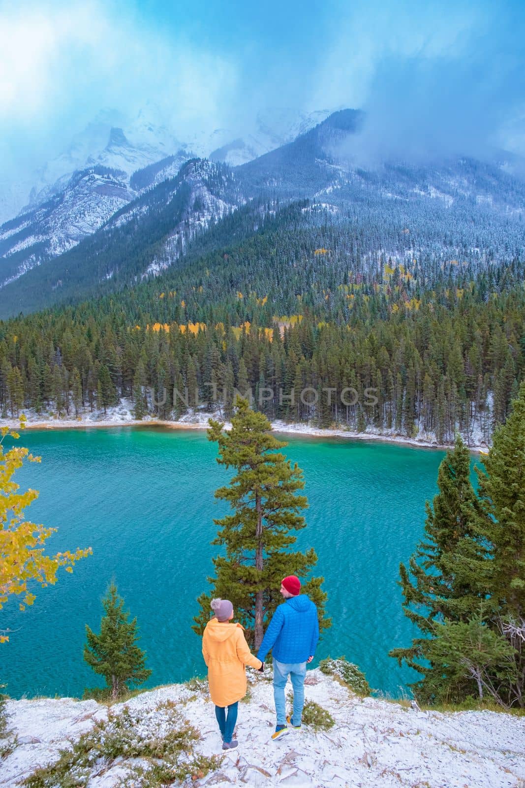 Minnewanka lake Banff Alberta Canada with turquoise water Lake Two Jack in the Rocky Mountains of Canada. by fokkebok