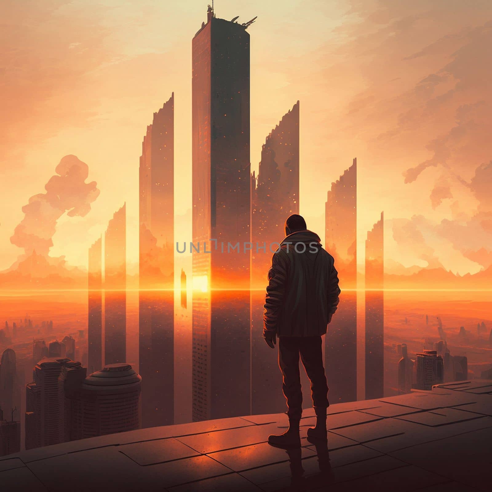 a man on top of skyscrapers looking at the city in the sunset rays by NeuroSky