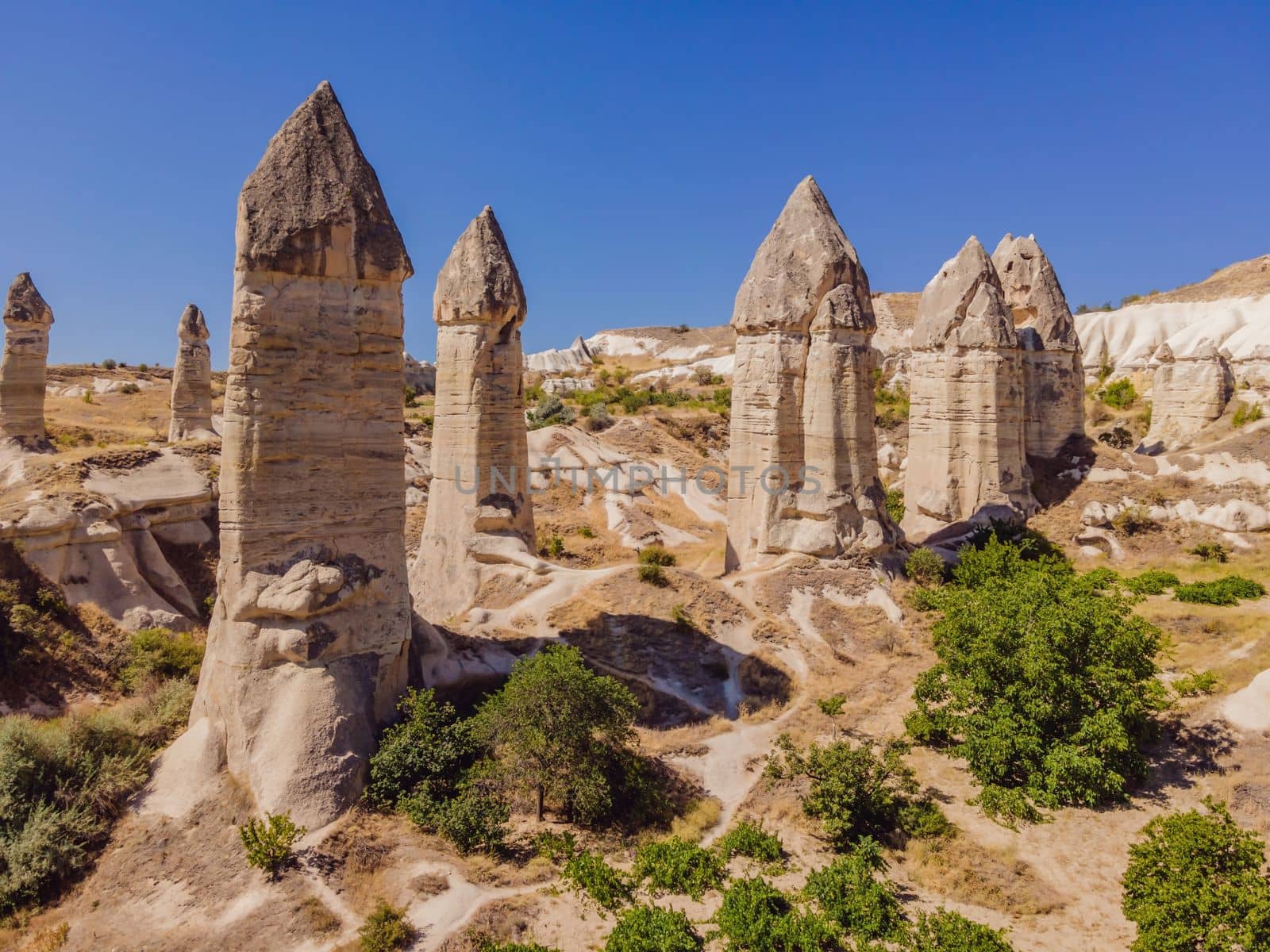 Unique geological formations in Love Valley in Cappadocia, popular travel destination in Turkey.