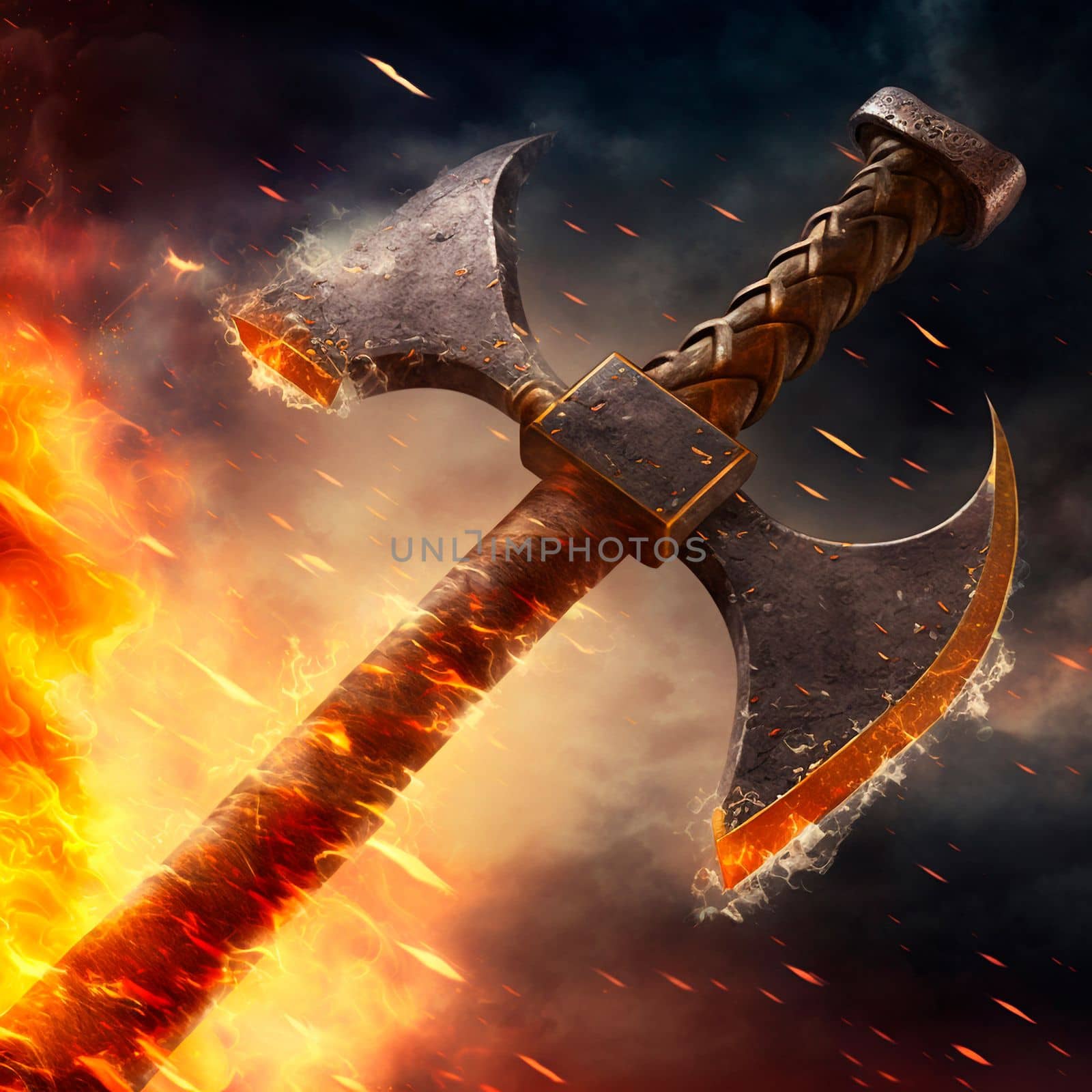 Battle Axe on fire. High quality photo